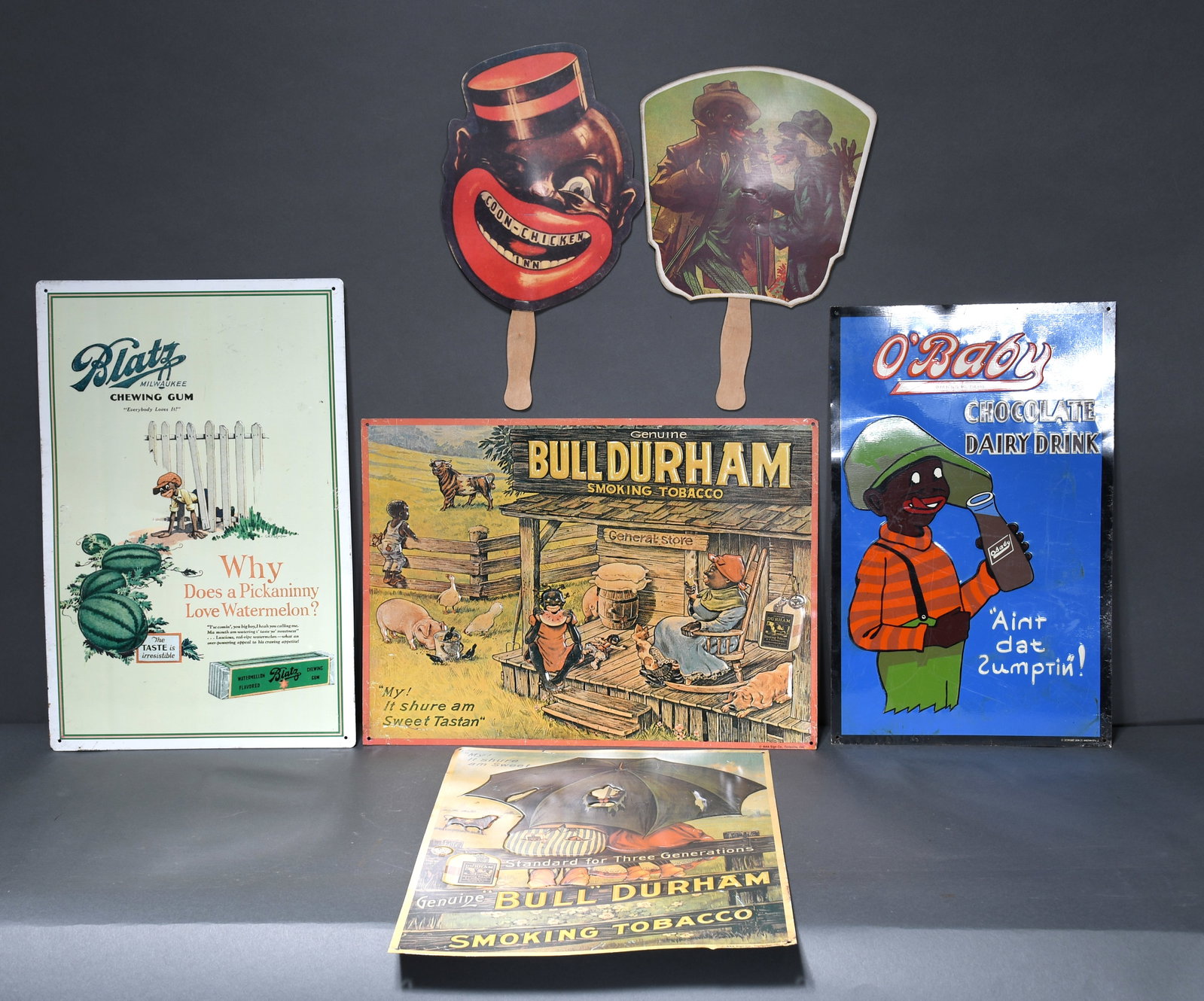 Stereotypical Advertisements. Four Ads on tin & 2 Coon-Chicken Inn Menu Fans.: Stereotypical Advertisements. Group of four ads on tin and two Coon-Chicken Inn menu fans. Some expected wear and original holes from hanging on tin. Average size of tin is 11.5" x 17.5". Fans minor t