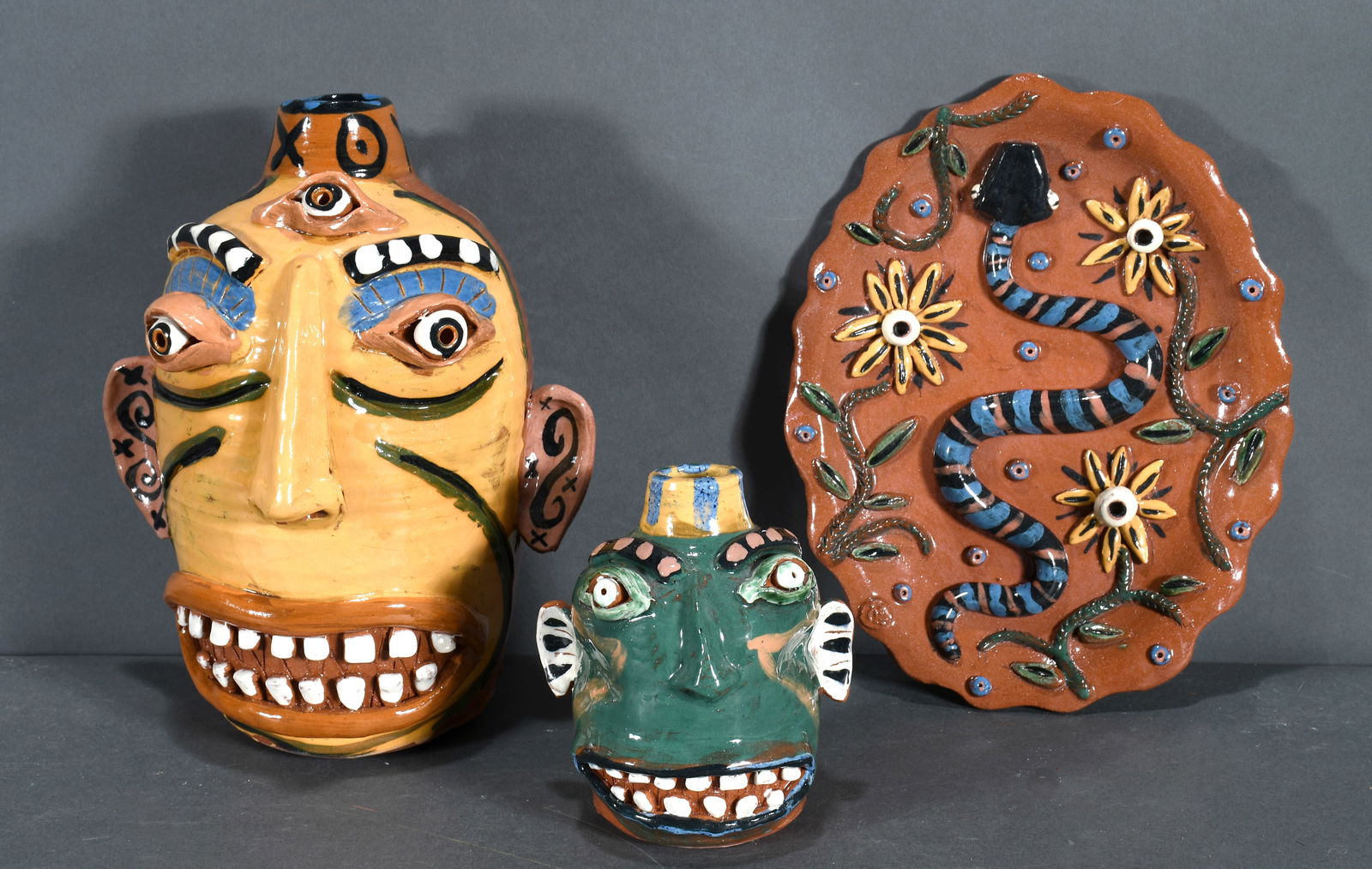 Carl Block. Two Face Jugs and A Snake Plate. (1 of 5)