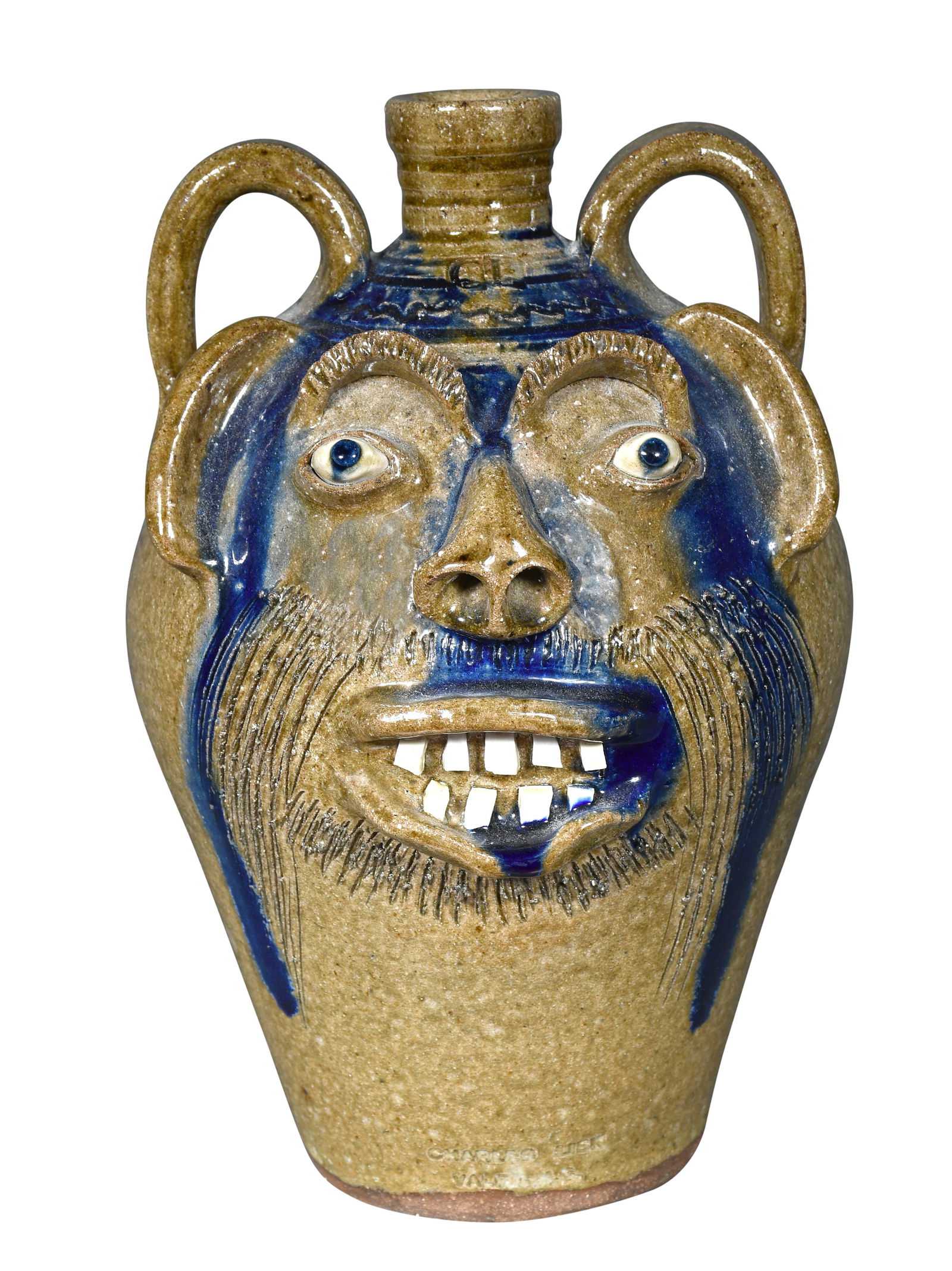 Charles Lisk. Two Gallon Blue Drip Face Jug. (1 of 4)