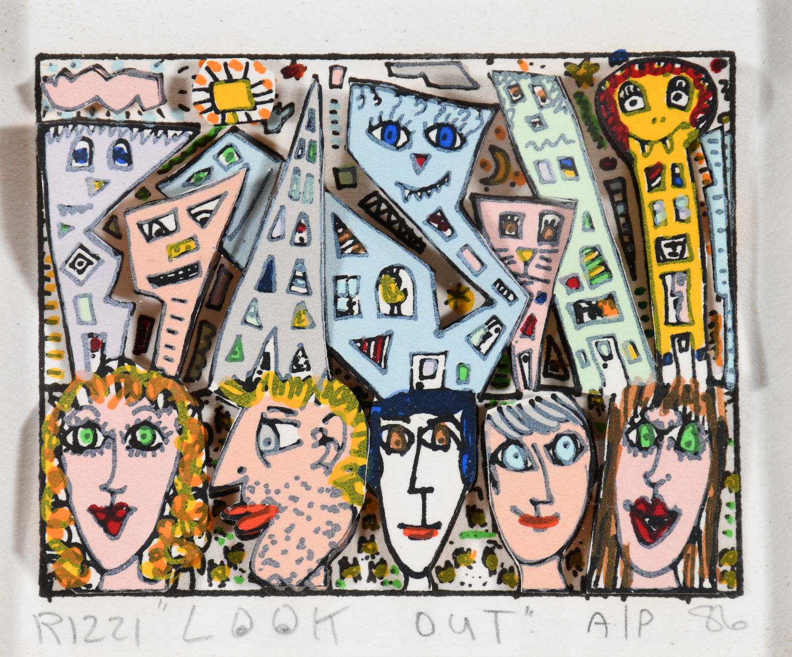 James Rizzi. Look Out.: James Rizzi. Look Out. 1986. Signed, titled and dated. Marker and paint on paper, cut out and backed to wood construction. Excellent condition. Image is 3.5" w x 2.5" h. Size with frame is 10" w x 10"