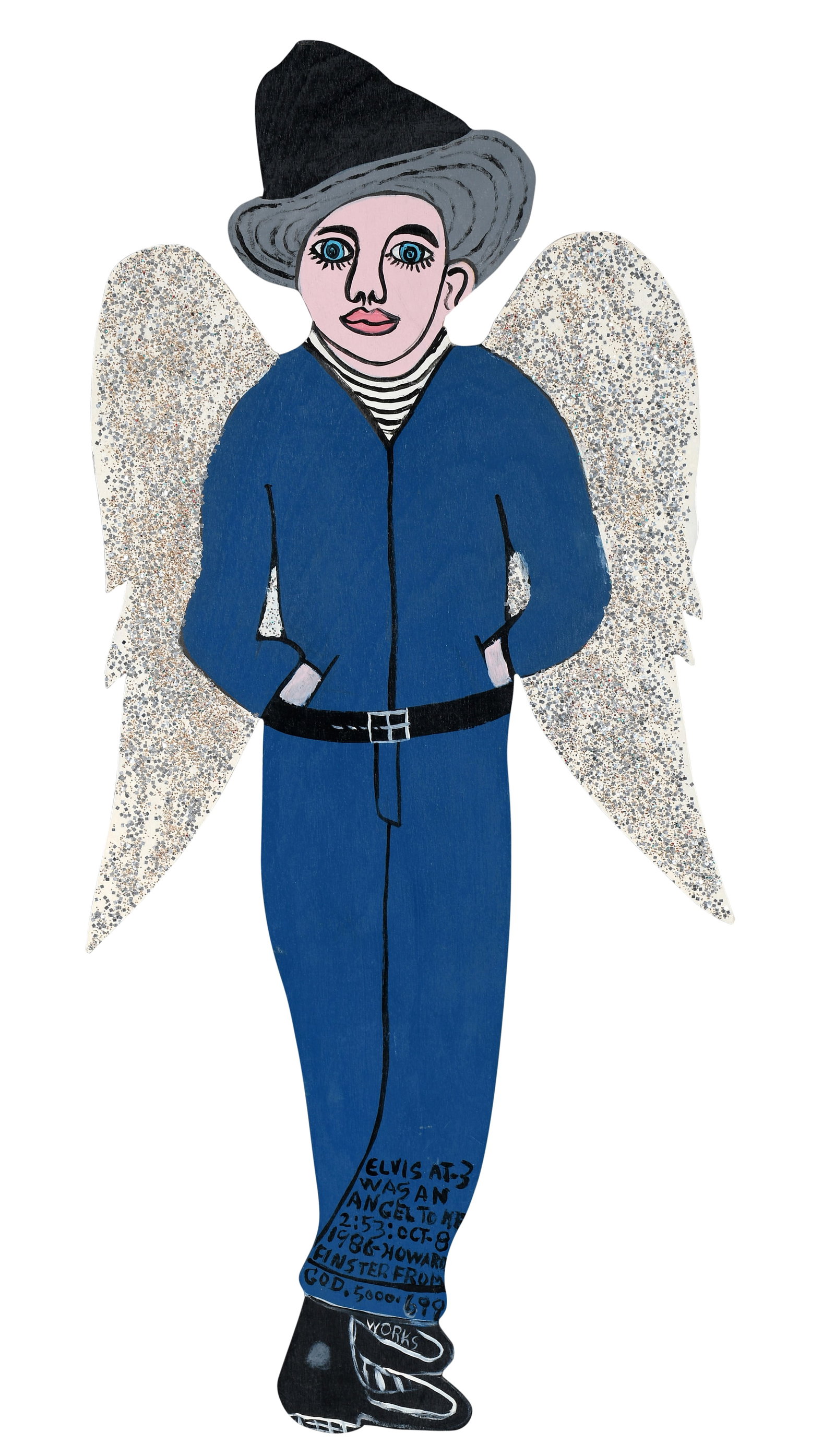Howard Finster. Elvis At Three Was An Angel To Me, #5,699.: Howard Finster. Elvis At Three Was An Angel To Me. 1986. #5,699. Signed, dated, titled and numbered. Paint and glitter on cutout board. Excellent condition. 12" w x 25" h. Est. $2,000-3,000. Ship: $65