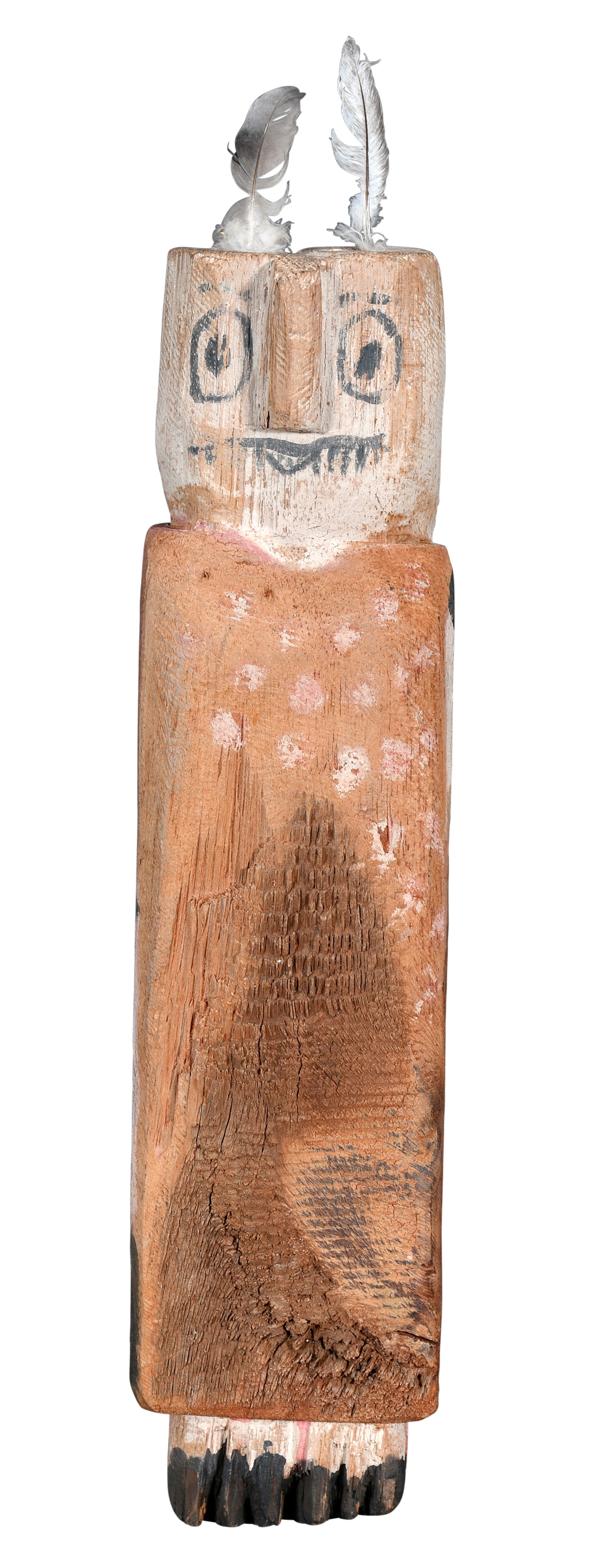 Charlie Willeto. Sacred Owl.: Charlie Willeto. Sacred Owl. Not signed. Rare Image. Carved and painted found wood with feathers. Nice patina. Slight absorption of color, otherwise great condition. 4" w x 4" d x 20" h. Provenance: W