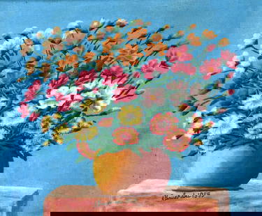 Andre Bauchant. Flowers.: Andre Bauchant. (France, 1873-1958). Flowers. 1955. Signed and dated. Oil on canvas. Excellent condition. Image is 18.25" w x 15.25" h. Size with frame is 25" w x 22" h. Provenance: Galerie St. Etienn