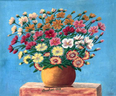 Andre Bauchant. Flowers.: Andre Bauchant. (France, 1873-1958). Flowers. 1955. Signed and dated. Oil on canvas. Excellent condition. Image is 18.25" w x 15.25" h. Size with frame is 25" w x 22" h. Provenance: Galerie St. Etienn