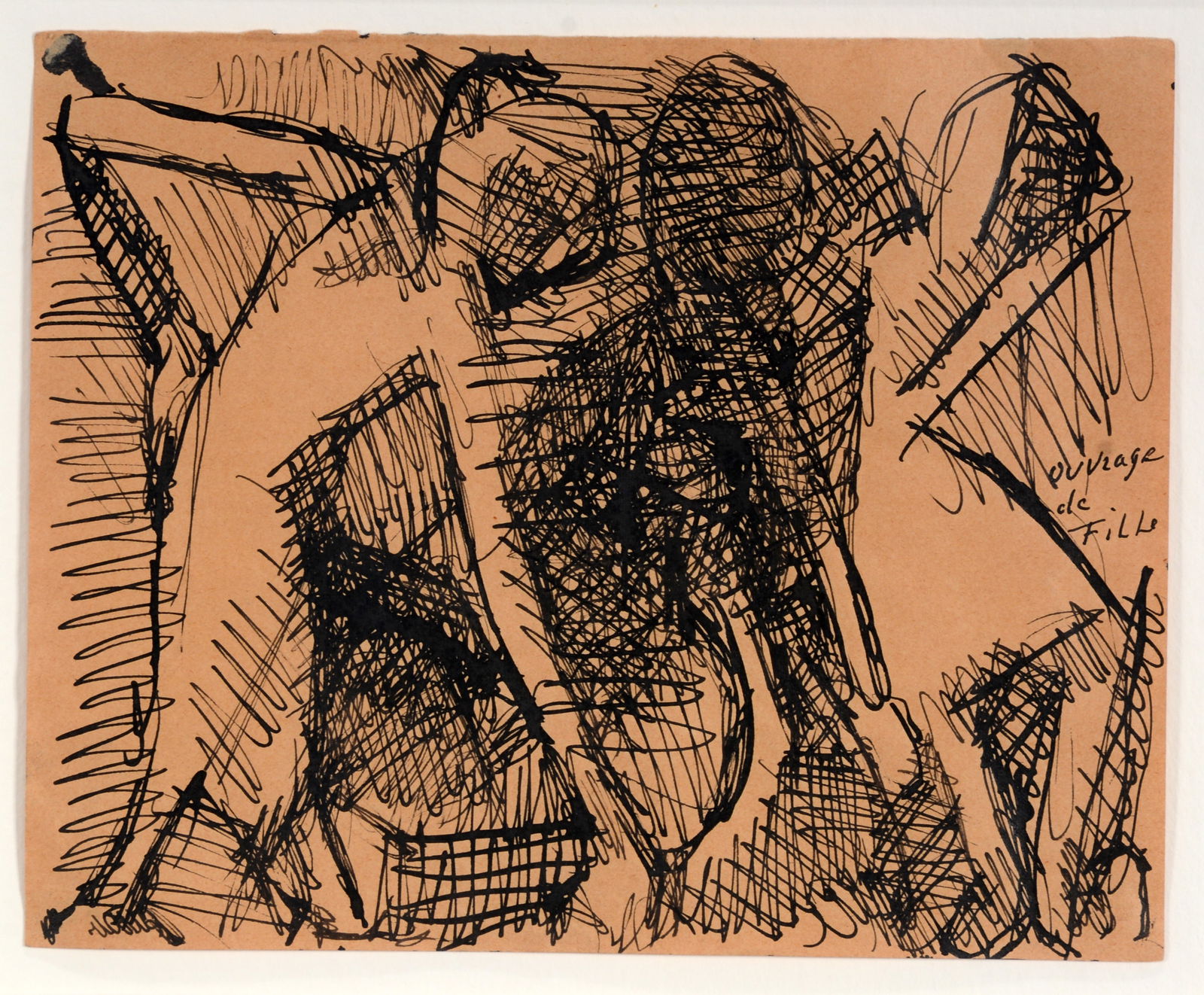 Louis Soutter. Ouvrage de Fille.: Louis Soutter. (1871-1942, Switzerland). Ouvrage de Fille. Titled, not signed or dated. India ink on paper. Image is 8.5" w x 7" h. Frame is 21" w x 18" h. Provenance: Ricco Maresca Gallery, Samuel Fa