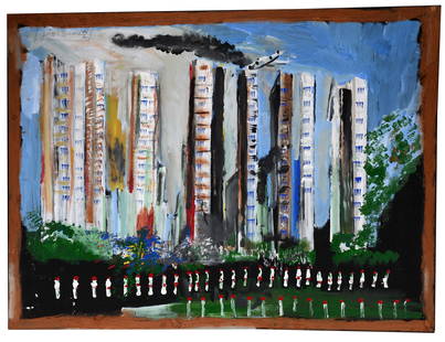 Jimmy Lee Sudduth. Tribute to 9/11.: Jimmy Lee Sudduth. Tribute to 9/11. Signed. Paint and mud on board. Excellent condition. One of only three known tributes to 9/11 by Sudduth. 48" w x 36" h. Provenance: Kevin Gordon, 2005. Est. $2,000