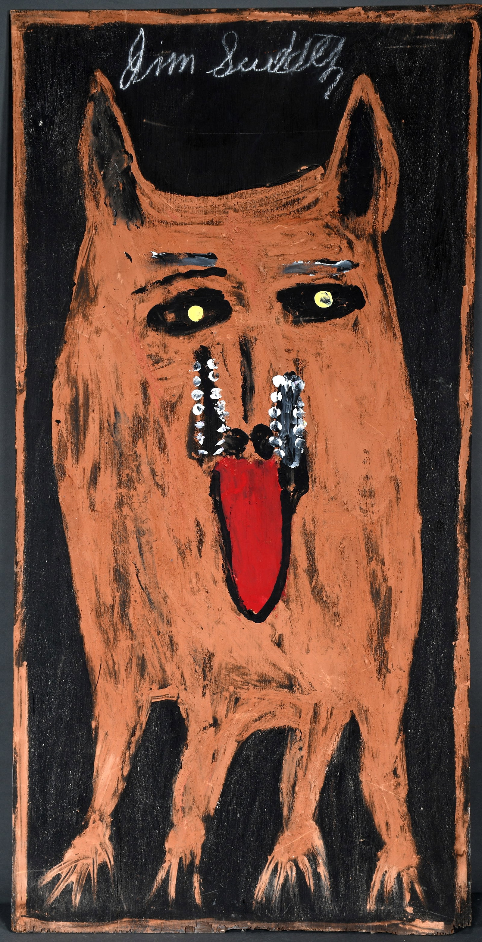 Jimmy Lee Sudduth. Brown Toto.: Jimmy Lee Sudduth. Brown Toto. Signed. Heavy mud and paint on board. Minor surface grime and loss at bottom, otherwise great condition. 24" w x 48" h. Est. $1,000-2,000. Ship: $200