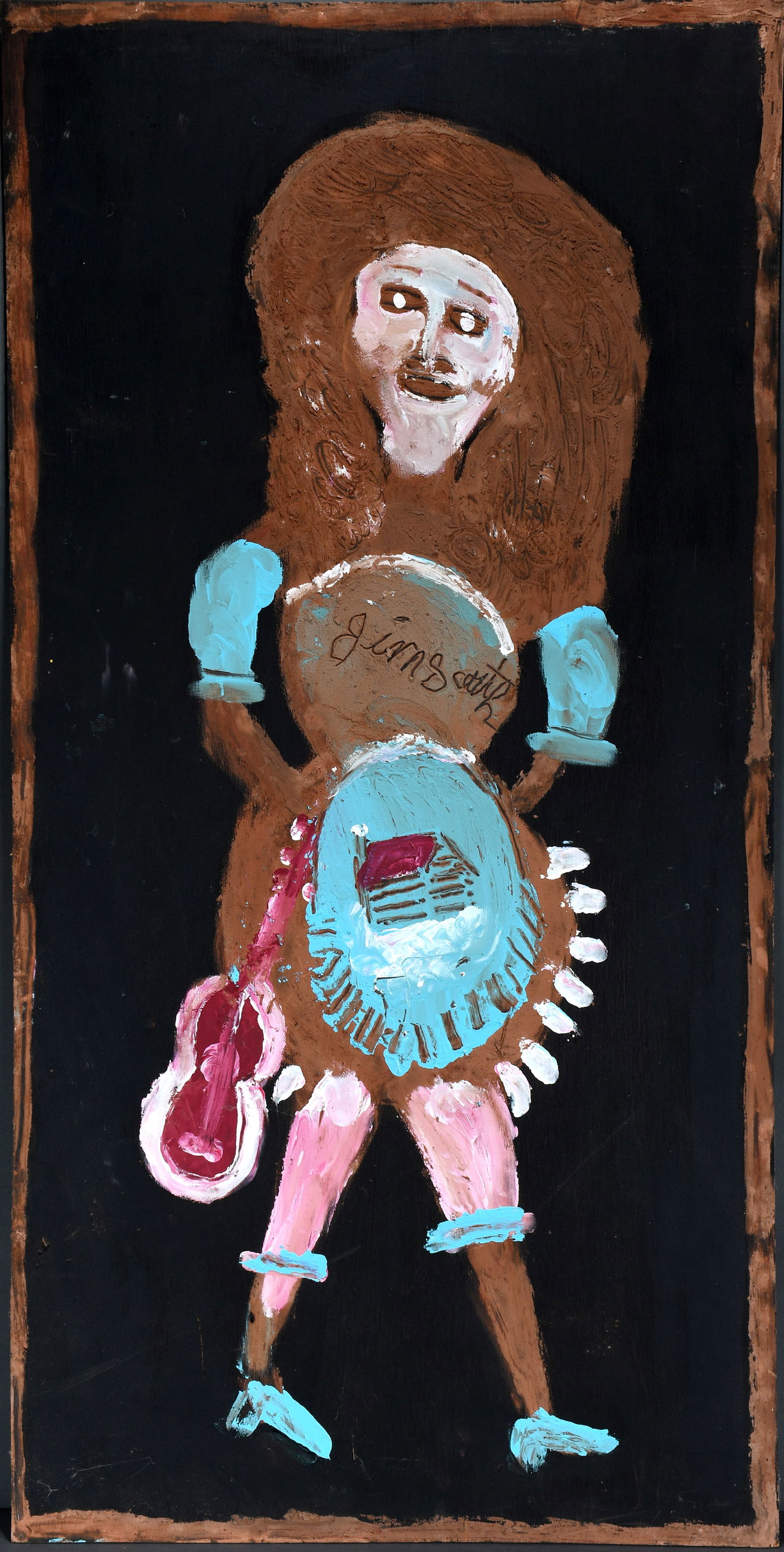 Jimmy Lee Sudduth. Honky Tonk Woman.: Jimmy Lee Sudduth. Honky Tonk Woman. Signed. Paint and heavy mud on board. Excellent condition. 24" w x 48" h. Provenance: Larry & Jane Schlachter Collection. Est. $1,000-3,000. Ship: $200