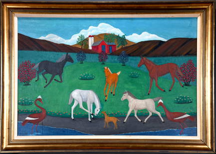 Lawrence Lebduska. Ponies On the Lakeshore.: Lawrence Lebduska. (1894-1966). Ponies On the Lakeshore. 1965. Signed and dated. Oil on canvas. Very large example. Slight foxing on back, otherwise excellent condition. Image is 36" w x 24" h. Size w