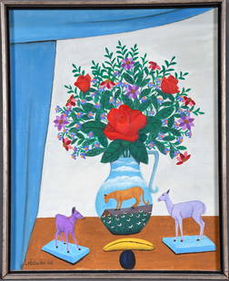 Lawrence Lebduska. Vase With Figurines.: Lawrence Lebduska. Vase With Figurines. 1965. Signed and dated. Oil on canvas. Excellent condition. Size with frame is 17" w x 21" h. Est. $1,000-2,000. Ship: $65