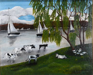 Lawrence Lebduska. Cattle On The Shore.: Lawrence Lebduska. Cattle On The Shore. 1931. Signed and dated. Oil on canvas. Canvas has been professionally relined. Overall excellent restored condition. Image is 20" w x 16" h. Frame is 27" w x 24