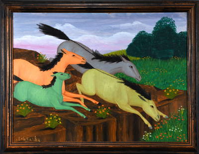 Lawrence Lebduska. Leaping Wild Horses.: Lawrence Lebduska. Leaping Wild Horses. 1941. Signed and dated. Oil on Masonite. Minor surface paint flaking throughout, otherwise good condition. Size with frame is 27" w x 21" h. Est. $1,000-2,000.