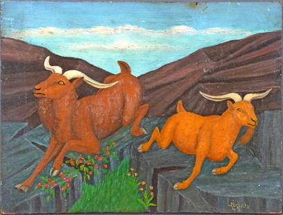 Lawrence Lebduska. Mountain Goats.: Lawrence Lebduska. Mountain Goats. 1945. Signed and dated. Oil on thick board. Minor surface grime and light wear, otherwise good condition. 13" w x 10" h. Est. $600-900. Ship: $45