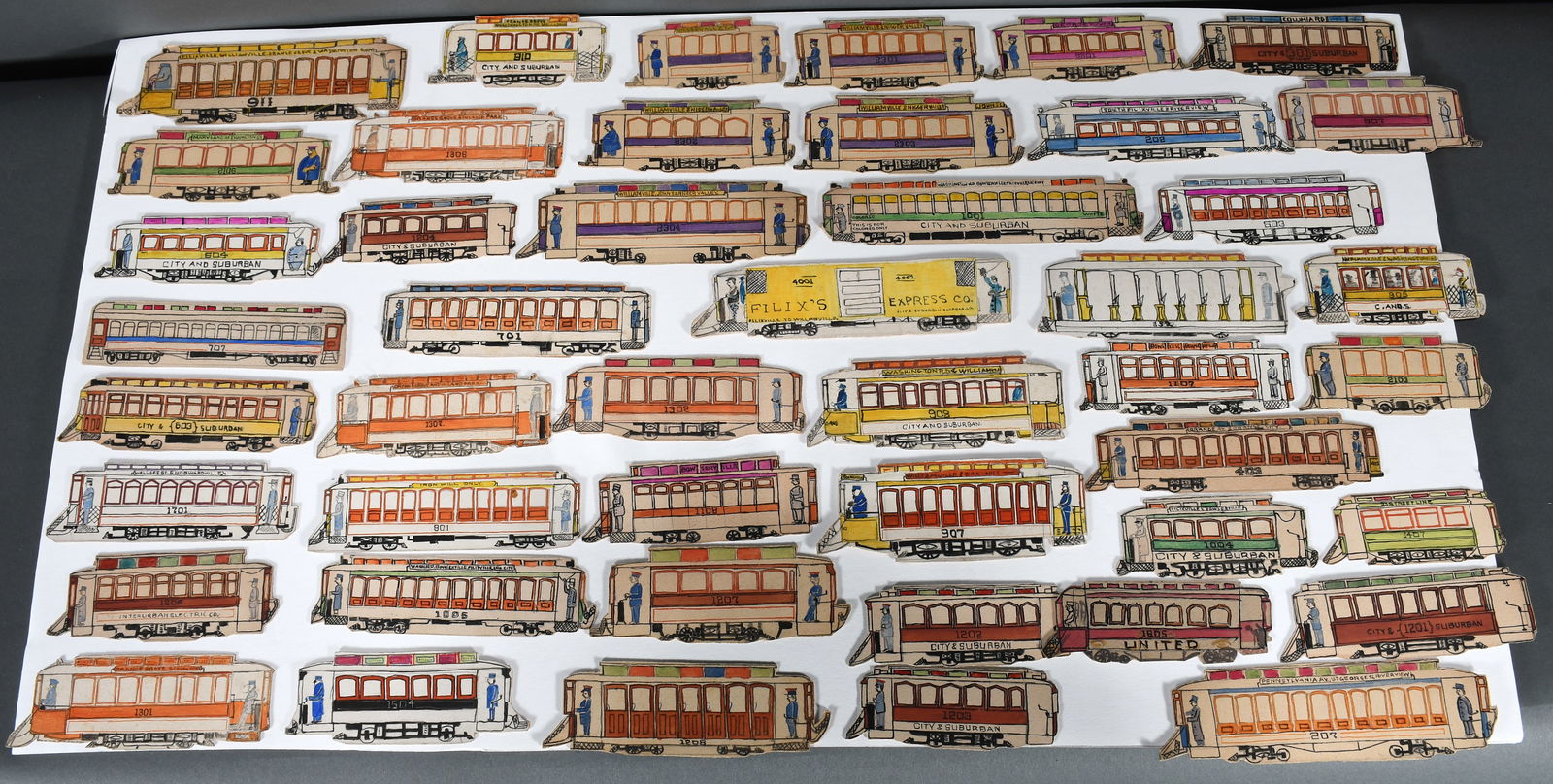 George Blome. Group of 45 Paper Cutout Trolley Drawings. (1 of 8)