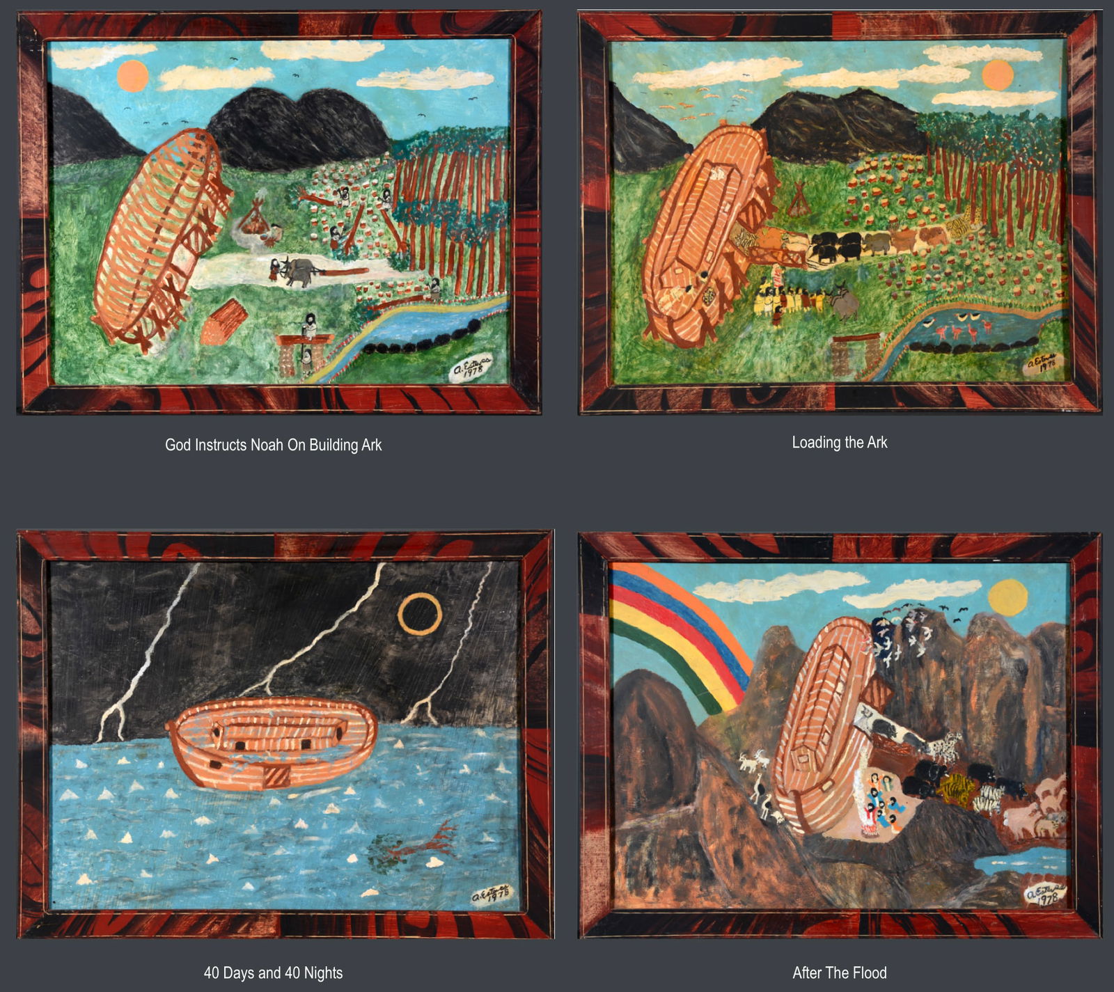 Antonio Esteves. 4 Painting Series Depicting The Biblical Story of Noah & The Flood.: Antonio Esteves. (1910-1983). 4 Painting Series Depicting The Biblical Story of Noah and The Flood. 1978. All are signed and dated. Paint on Masonite. Each is 35.5" w x 27.5" h including faux-painted