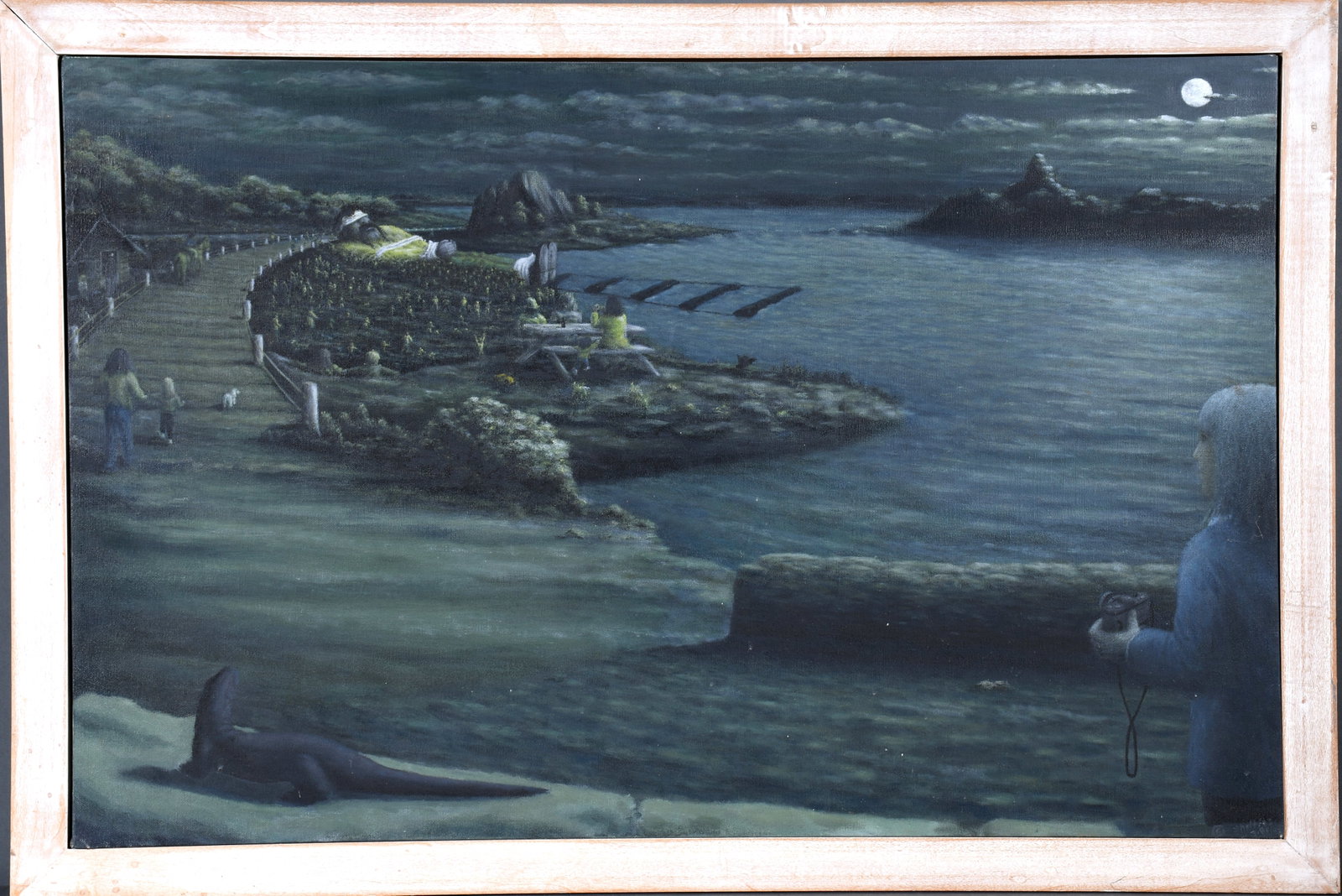 Robert Sholties. Getting Rid of Large Nuisance.: Robert Sholties. b. 1952. Getting Rid of Large Nuisance. 1981. Signed, dated and titled. Oil on canvas. Dark appearance, but excellent condition. Size with frame is 37" w x 35" h. Provenance: ex. Pete