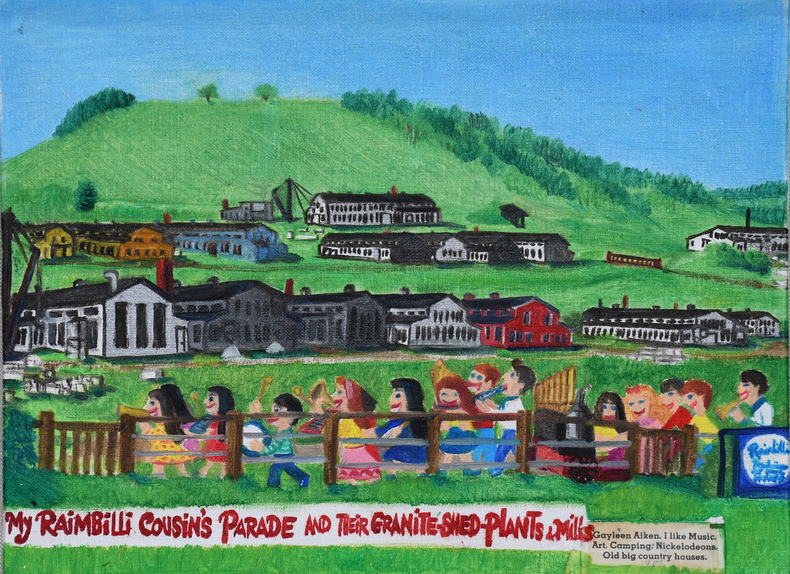 Gayleen Aiken. My Rambilli Cousins Parade.: Gayleen Aiken. (1934-2005). My Rambilli Cousins Parade. 1981. Signed, dated and titled. Paint on canvas. Excellent condition. Image is 11.5" w x 8.5" h. Frame is 18" w x 15" h. Est. $800-1,200. Ship: 