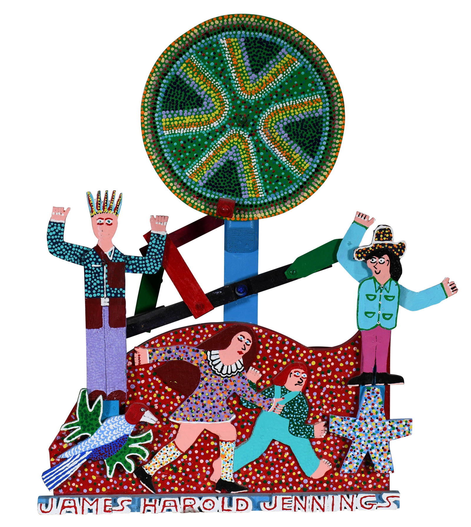 James Harold Jennings. Cheering Kinetic Sculpture.: James Harold Jennings. Cheering Kinetic Sculpture. Signed. Paint on cutout and constructed wood. Excellent condition. 18" w x 24" h. Est. $800-1,200. Ship: $100