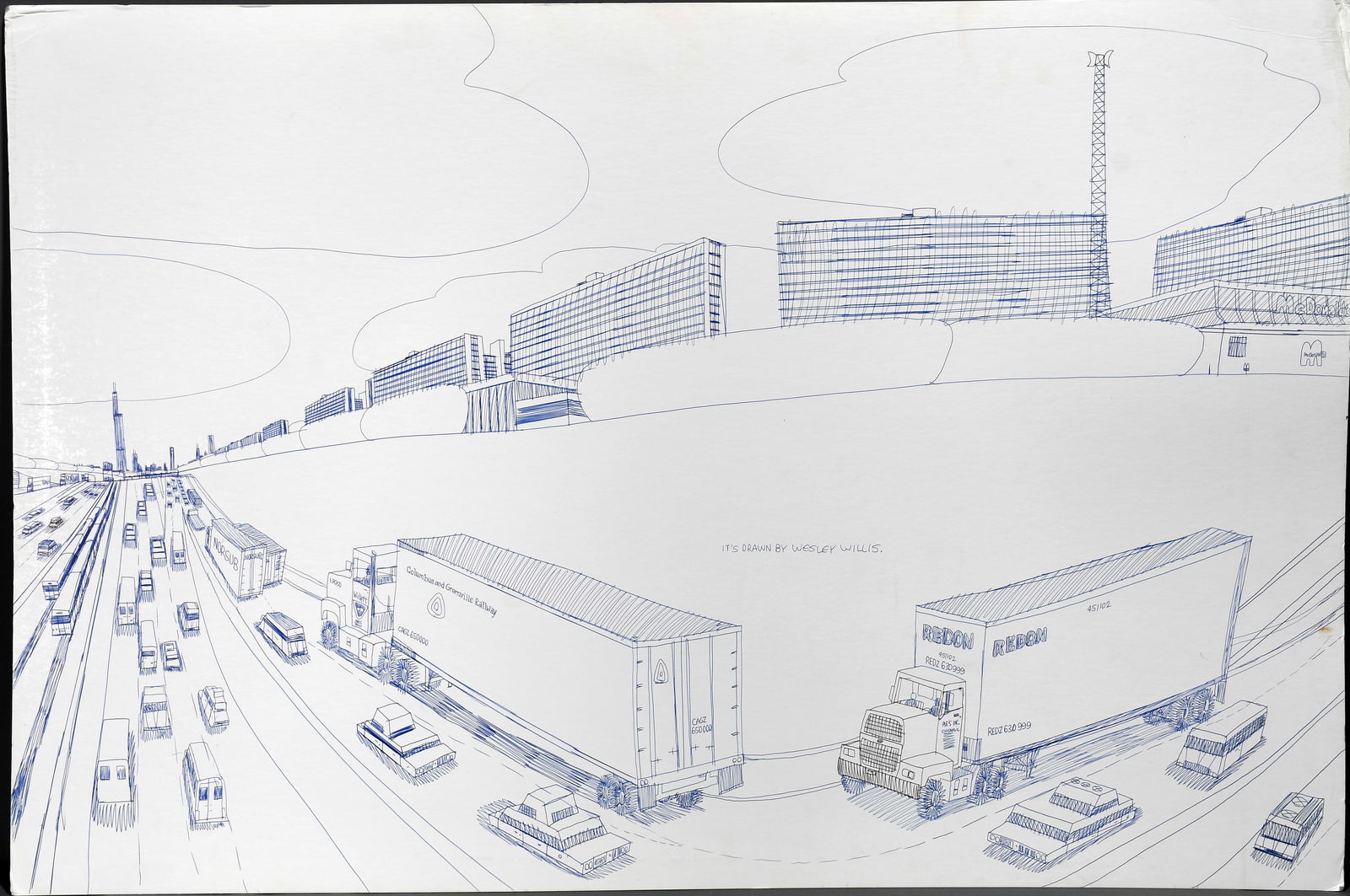 Wesley Willis. Untitled Blue Ink Drawing. (1 of 3)