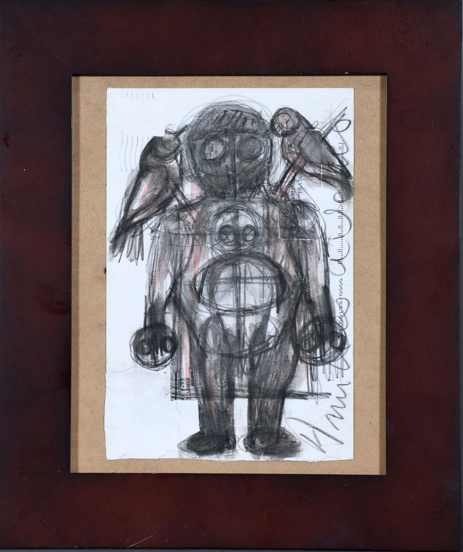 Michel Nedjar. Figure With Birds.: Michel Nedjar. b. 1947. Figure With Birds. Signed. Graphite on envelope addressed to artist. Excellent as-found condition. Image is 6" w x 9" h. Size with frame is 11" w x 13" h. Est. $400-600. Ship: