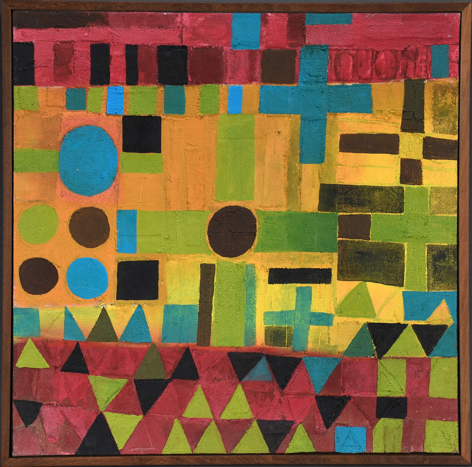 Alfonso Eugenio Pesant. Primary Colors and Shapes.: Alfonso Eugenio Pesant. Primary Colors and Shapes. 2023. Initialed and dated on verso. Acrylic and oil canvas collage attached to canvas. Excellent condition. Size with frame 25.5" w x 25.5" h. Est. $
