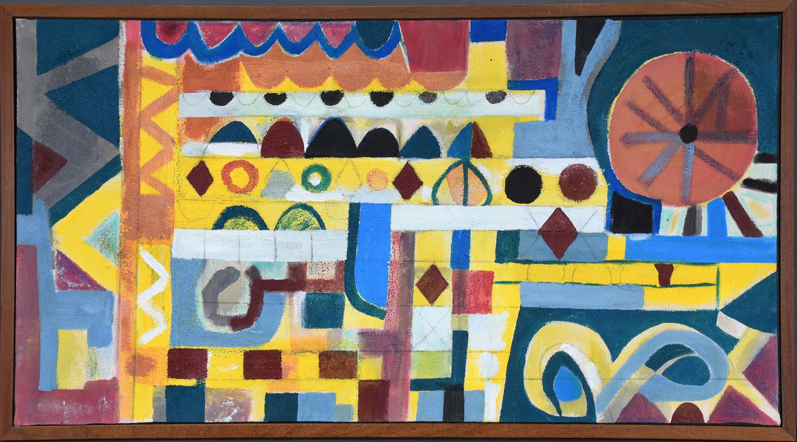 Alfonso Eugenio Pesant. Lots of Moving Parts.: Alfonso Eugenio Pesant. Lots of Moving Parts. 2018. Initialed and dated on verso. Acrylic on canvas. Excellent condition. Size with frame is 33" w x 18.5" h. Est. $1,000-1,500. Ship: $85