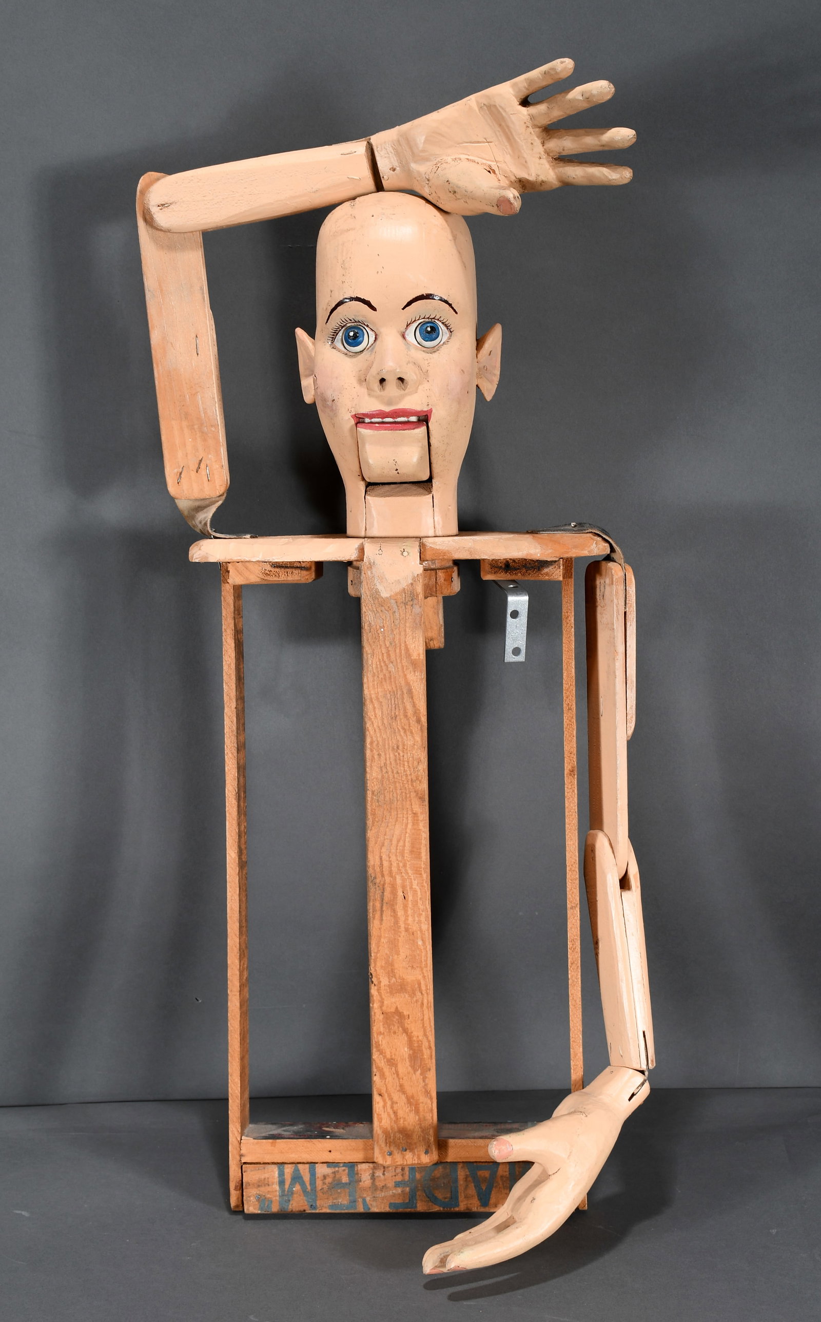 Steve's Doppelganger.: Anonymous Steve's Doppelganger. c. 1950's. Not signed. Carved and painted wood with found shipping crate body. Overall great condition. 13" w x 32" h. Est. $400-600. Ship: $85