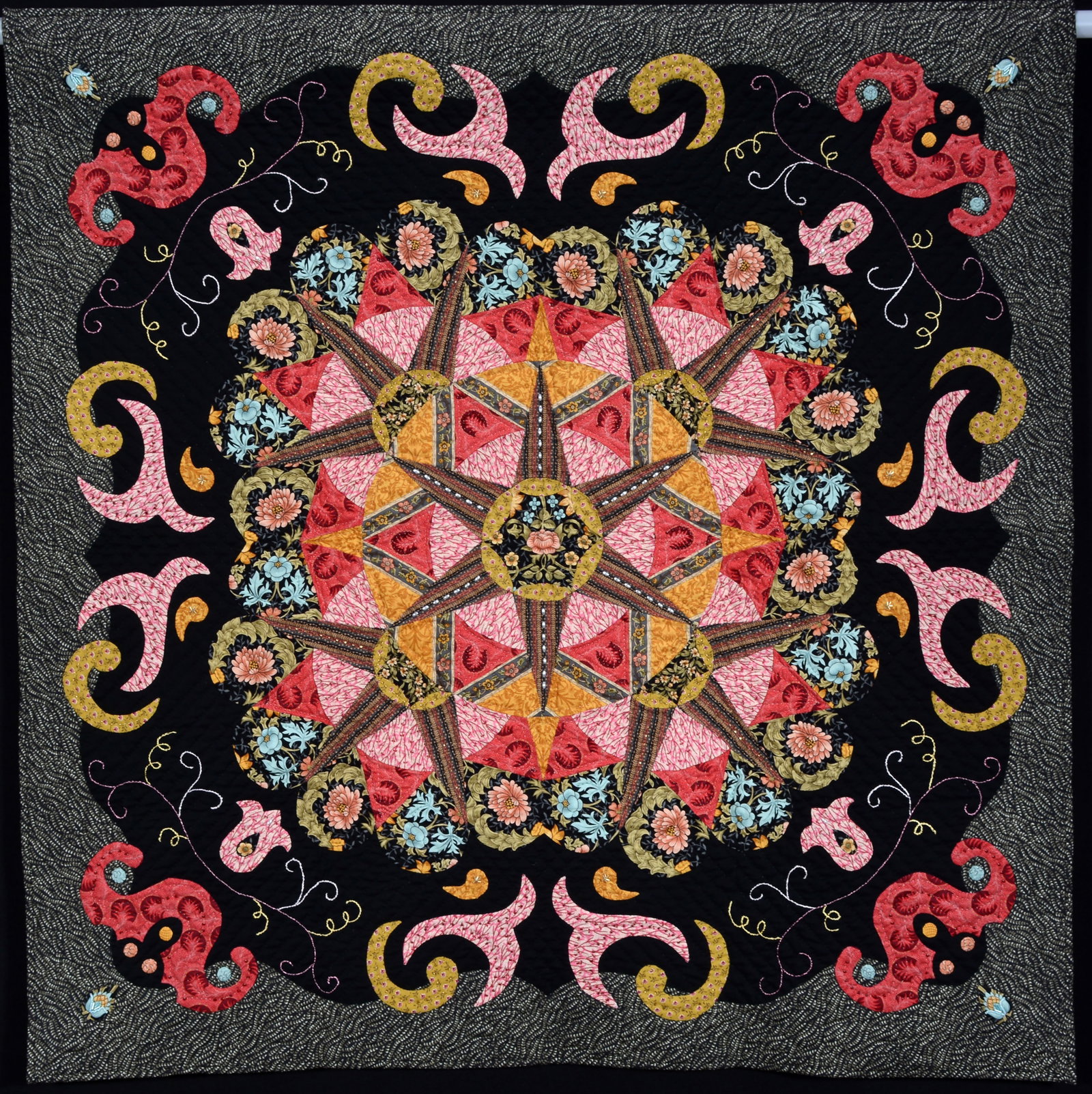 Chris Malone. Pandora Box Explodes Quilt.: Chris Malone. Pandora Box Explodes Quilt. 2003. Signed, dated and titled. Mixed material quilt. Excellent condition. 39" x 39". Provenance: Barbara and Robert Hunter Collection. Est. $800-1,200. Ship: