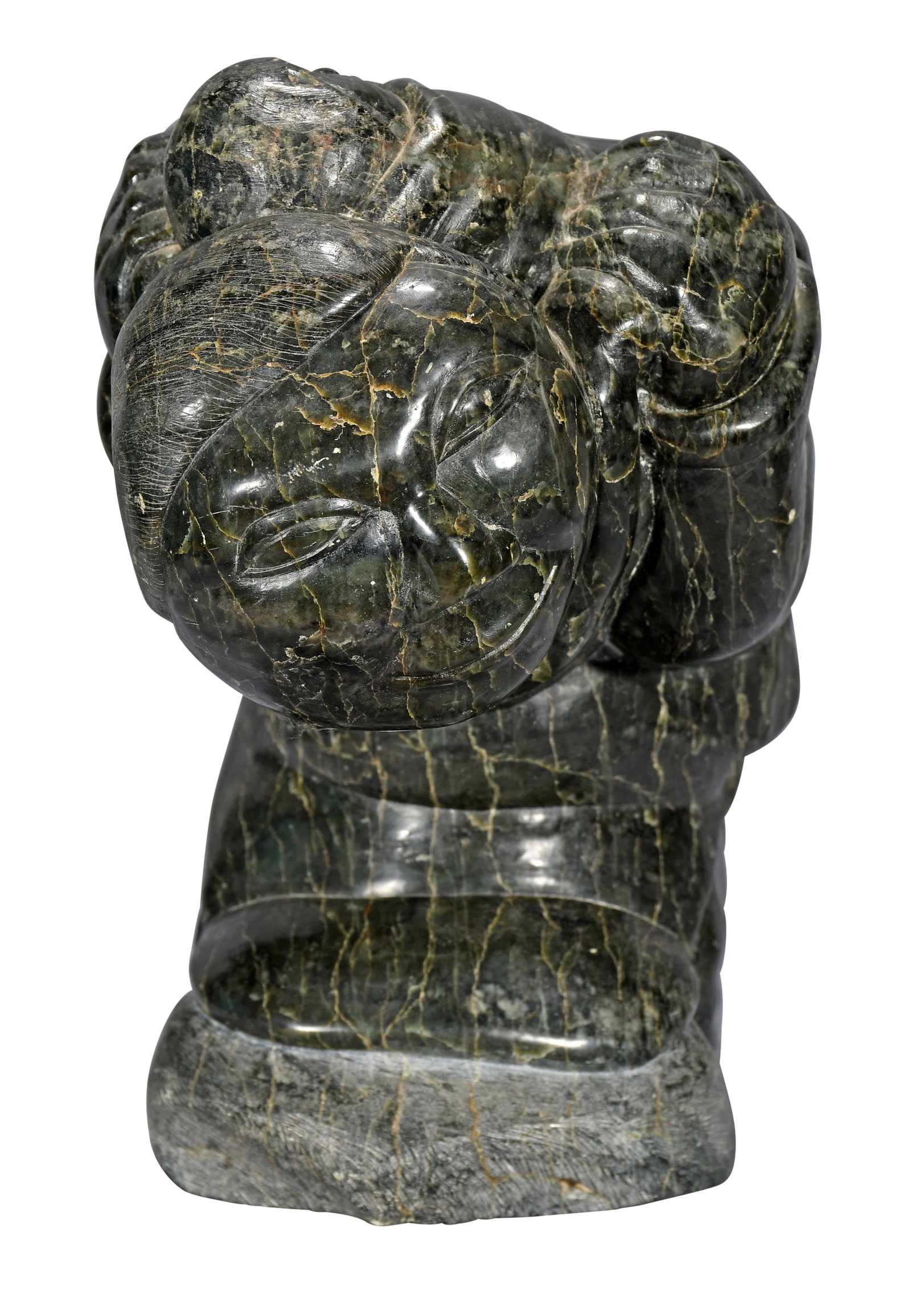 Inuit Kneeling Mother with Child On Back.: Inuit Kneeling Mother with Child On Back. Signed. Carved serpentine. Excellent condition. 17" w x 11" h. Est. $300-500. Buyer is responsible for shipping.