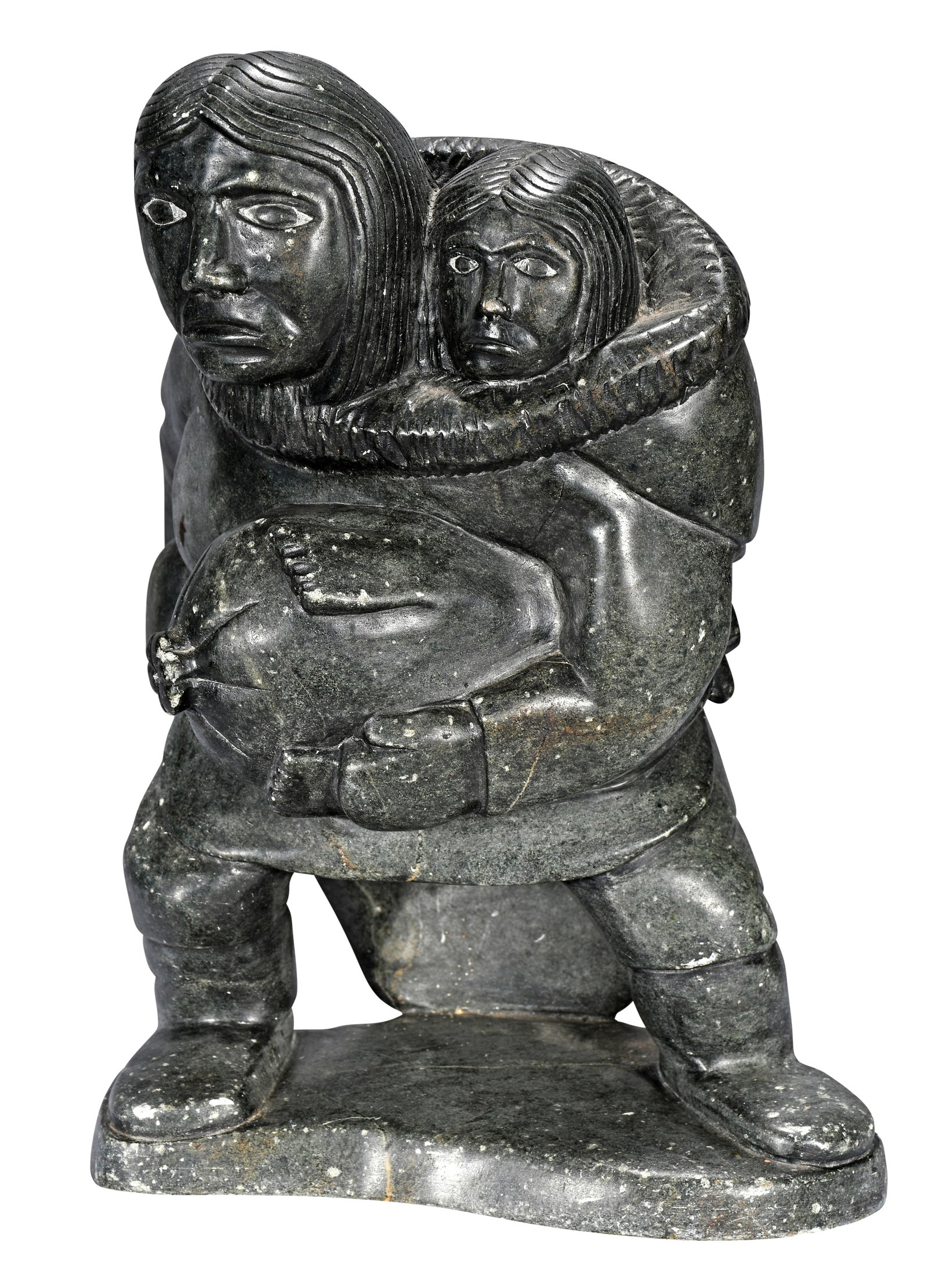 Inuit Woman and Child with Seal and Seal Bag.: Inuit Woman and Child with Seal and Seal Bag. Signed. Carved serpentine. Minor rock wear on back, otherwise good condition. 14" w x 15" h. Est. $300-500. Buyer is responsible for shipping.