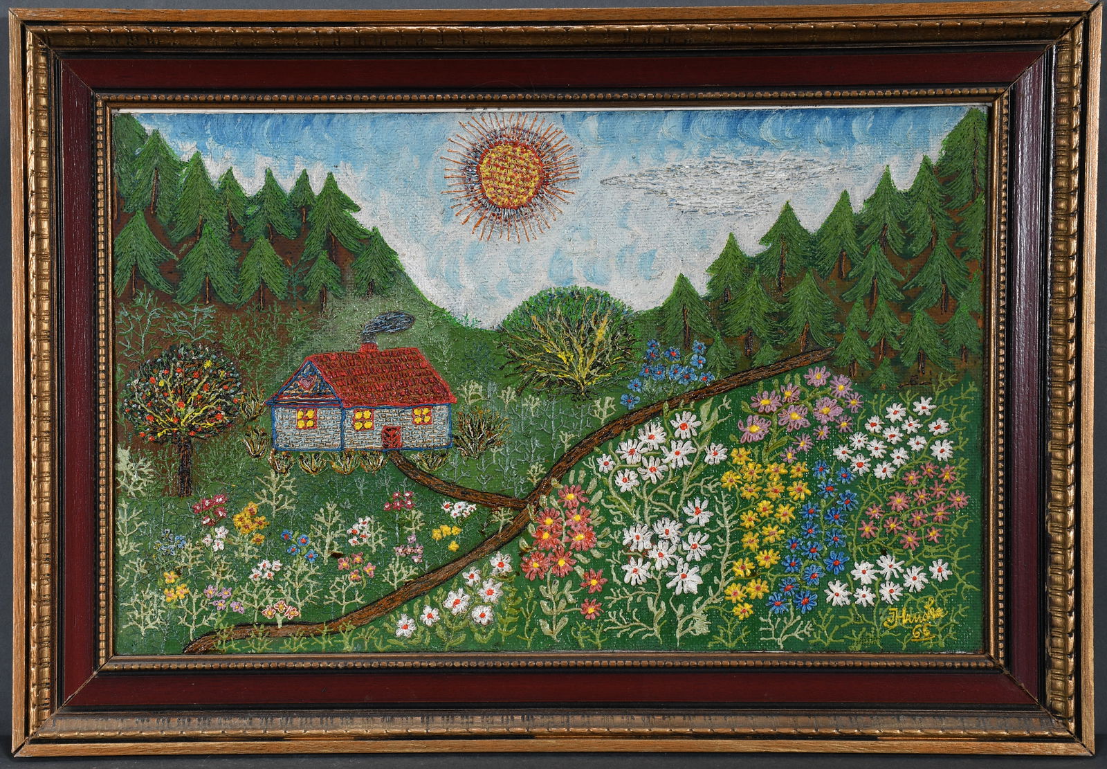 J. Hauska. Cottage with Flower Garden.: J. Hauska. Cottage with Flower Garden. 1966. Signed and dated. Heavy oil on Masonite. Excellent condition. Size with frame is 21.5" w x 15" h. Est. $300-500. Ship: $55