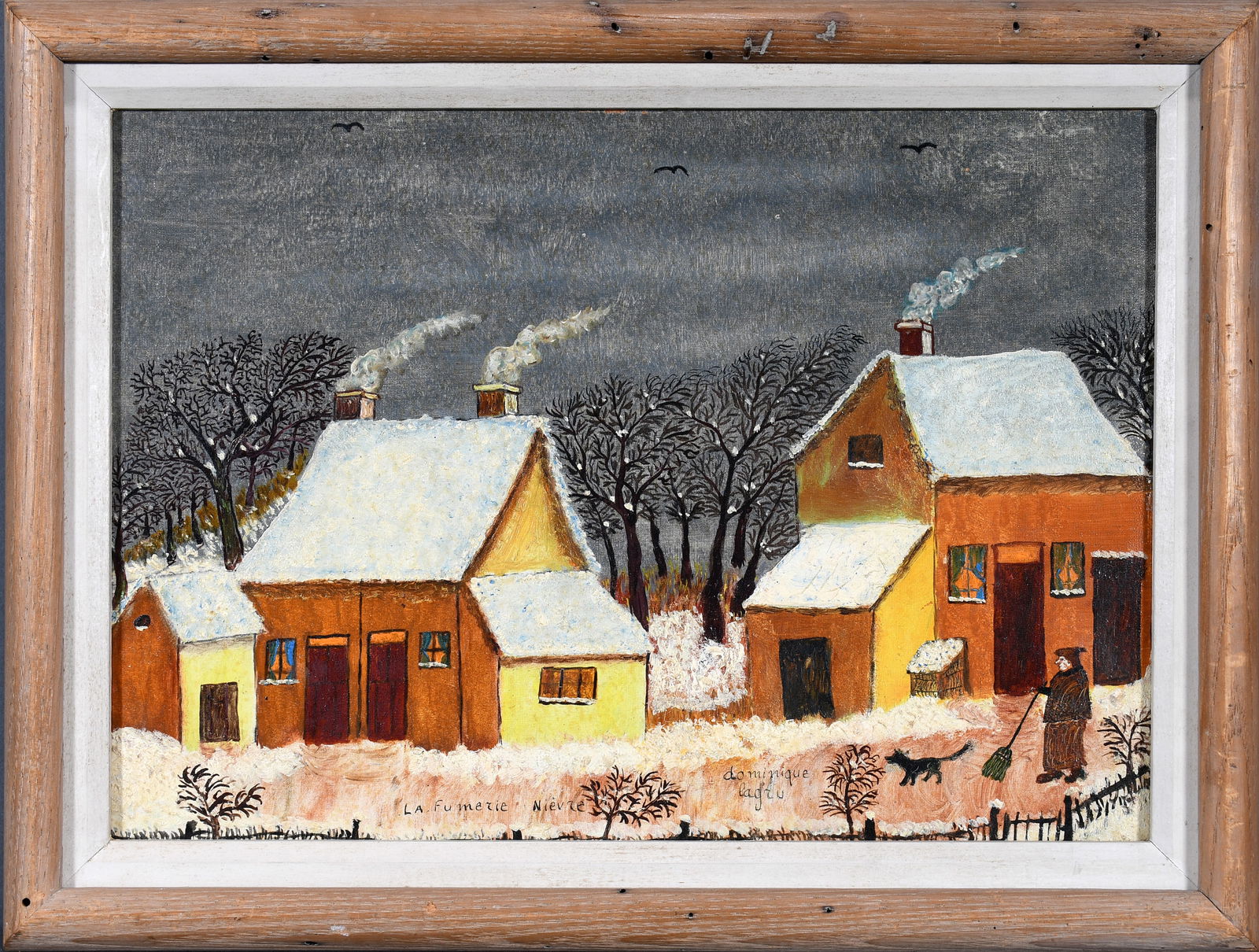 Dominque Lagrue. The Smokehouse In The Snow.: Dominque Lagrue. The Smokehouse In The Snow. Signed and titled. Oil on Masonite. Excellent condition. Size with frame is 15.5" w x 11.5" h. Provenance: Galerie St. Etienne. Est. $300-500. Ship: $45