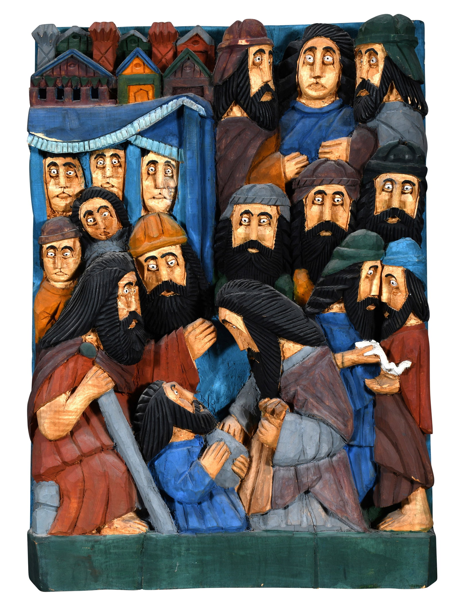 Bronislaw Chojeta. Joseph Sold By His Brothers.: Bronislaw Chojeta. Joseph Sold By His Brothers. 1980. Signed, dated and titled. Carved and painted wood-relief plaque. Excellent condition. 15" w x 20.5" h. Est. $500-800. Ship: $85