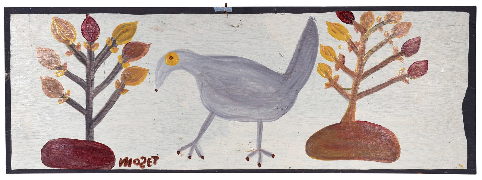 Mose Tolliver. Spanish Rooster Margle Flower.: Mose Tolliver. Spanish Rooster Margle Flower. Signed and dated. Paint on board. Slight damage from hanging, otherwise good condition. 23" w x 12" h. Est. $800-1,200. Ship: $45