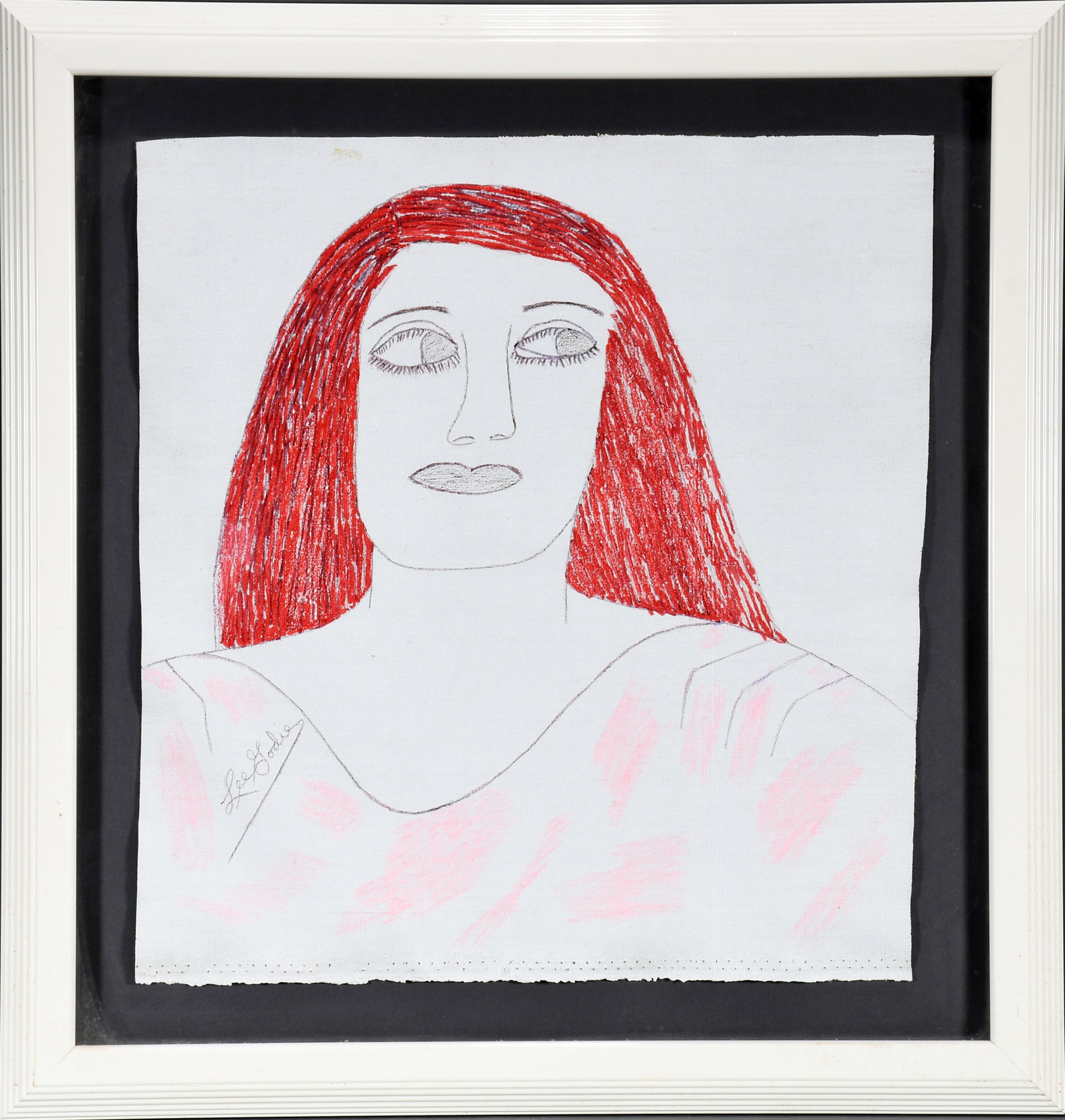 Lee Godie. Red-Headed Woman.: Lee Godie. Red-Headed Woman. Signed. Paint, ink and marker on canvas window shade. Excellent condition. Image is 20" w x 22" h. Size with frame is 27" w x 29" h. Est. $800-1,200. Ship: $85