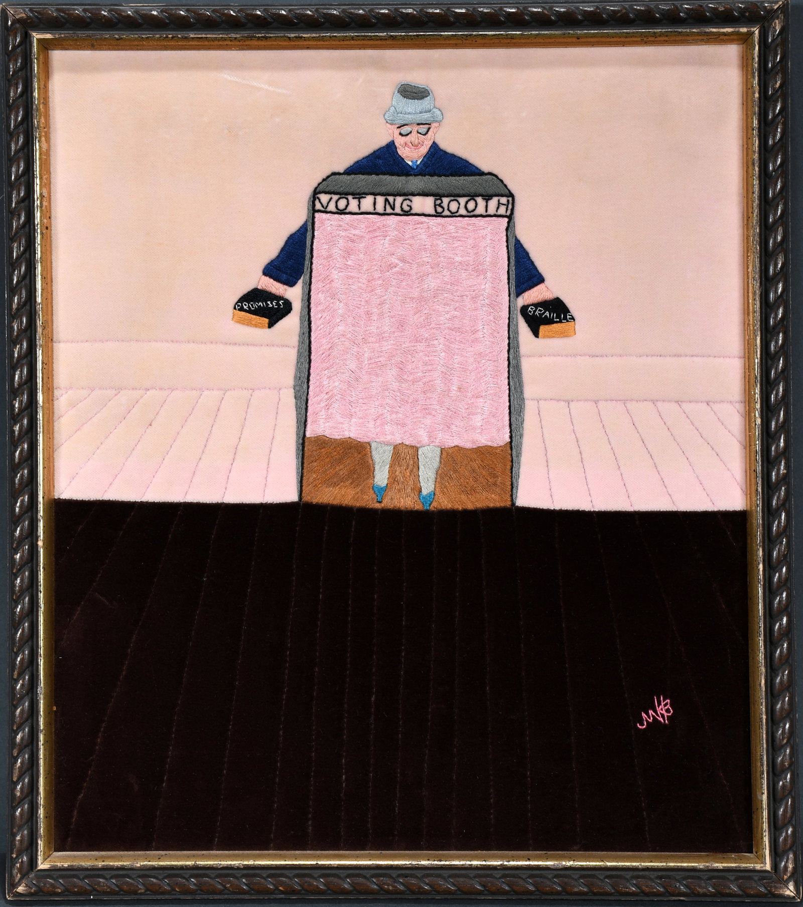 Mary Borkowski. The Politician and the Early Voter.: Mary Borkowski. The Politician and the Early Voter. 1969. Signed, dated and titled. Fabric art. Great condition. Size with frame is 14" w x 15" h. Provenance: Phyllis Kind Estate. Est. $500-800. Ship: