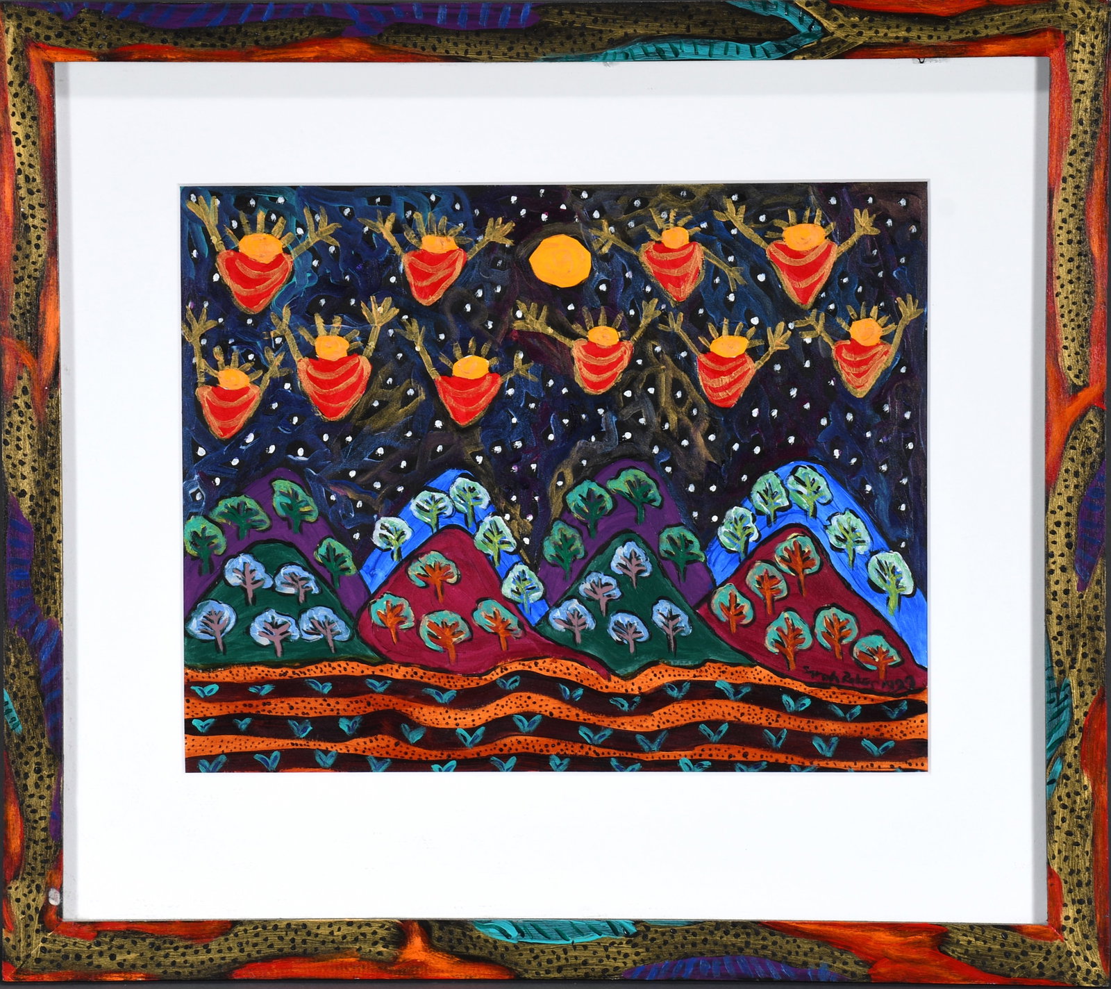 Sarah Rakes. Lunar Infants and June Crops.: Sarah Rakes. Lunar Infants and June Crops. 1999. Signed, dated and titled. Paint on paper. Size with artist-decorated frame is 21" w x 19" h. Est. $400-600. Ship: $55