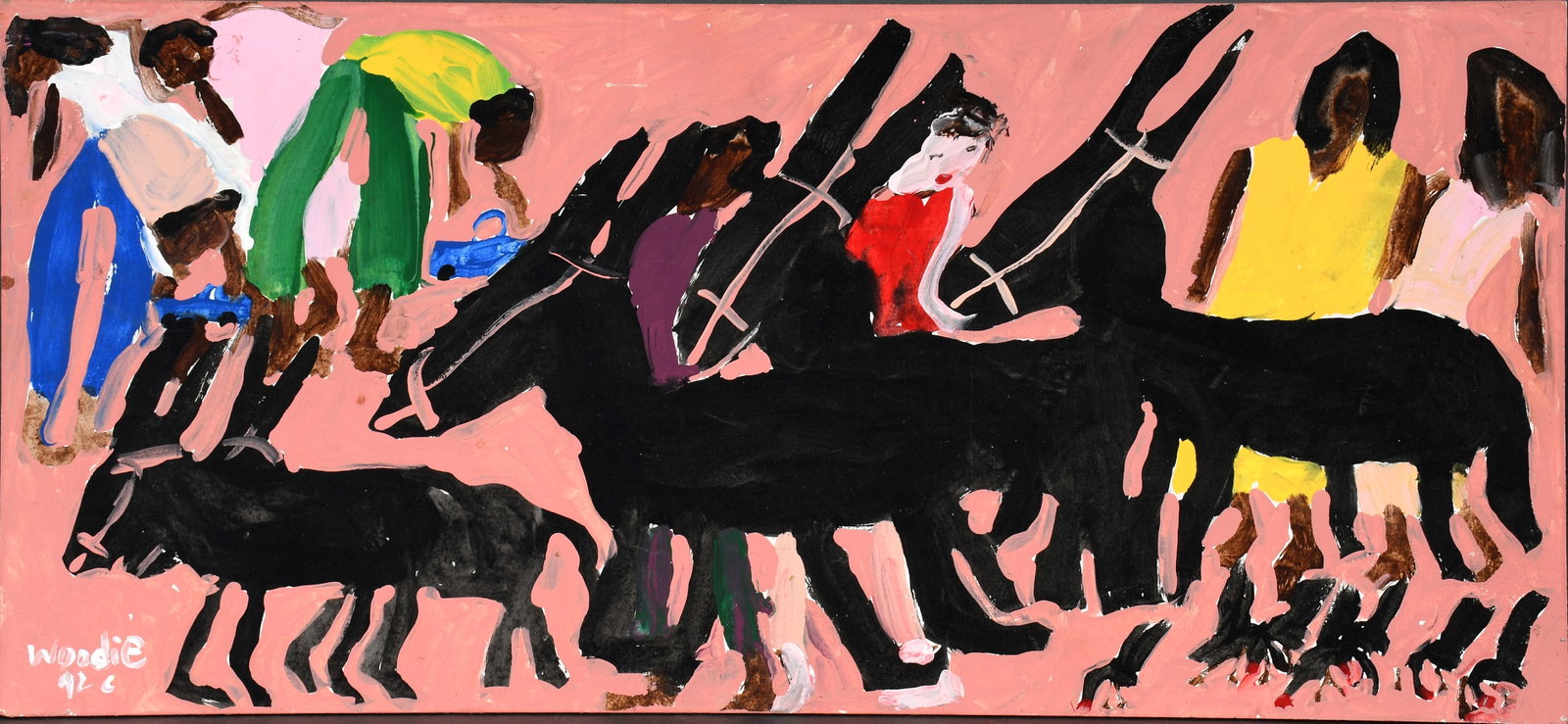 Woodie Long. Donkeys.: Woodie Long. Donkeys. 1992. Signed and dated. Paint on board. Excellent condition. 24" w x 11" h. Provenance: The Jack and Georgine Clarke Collection. Est. $400-600. Ship: $55