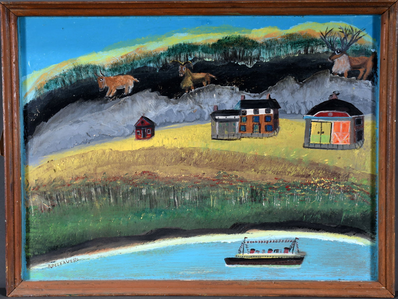 Bruno Del Favero. Steamboat with Rural Farm Scene.: Bruno Del Favero. Steamboat with Rural Farm Scene. c. 1980's. Signed. Oil on Masonite. Minor paint flake upper right, otherwise great condition. Size with frame is 33" w x 25" h. Provenance: Cavin Mor