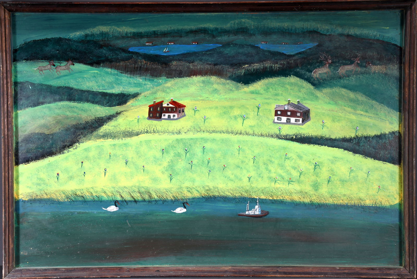 Bruno Del Favero. Houses Between Lakes.: Bruno Del Favero. Houses Between Lakes. 1984. Signed and dated. Oil on Masonite. Excellent condition. Size with artist-made frame is 48" w x 32" h. Est. $800-1,200. Buyer is responsible for shipping.