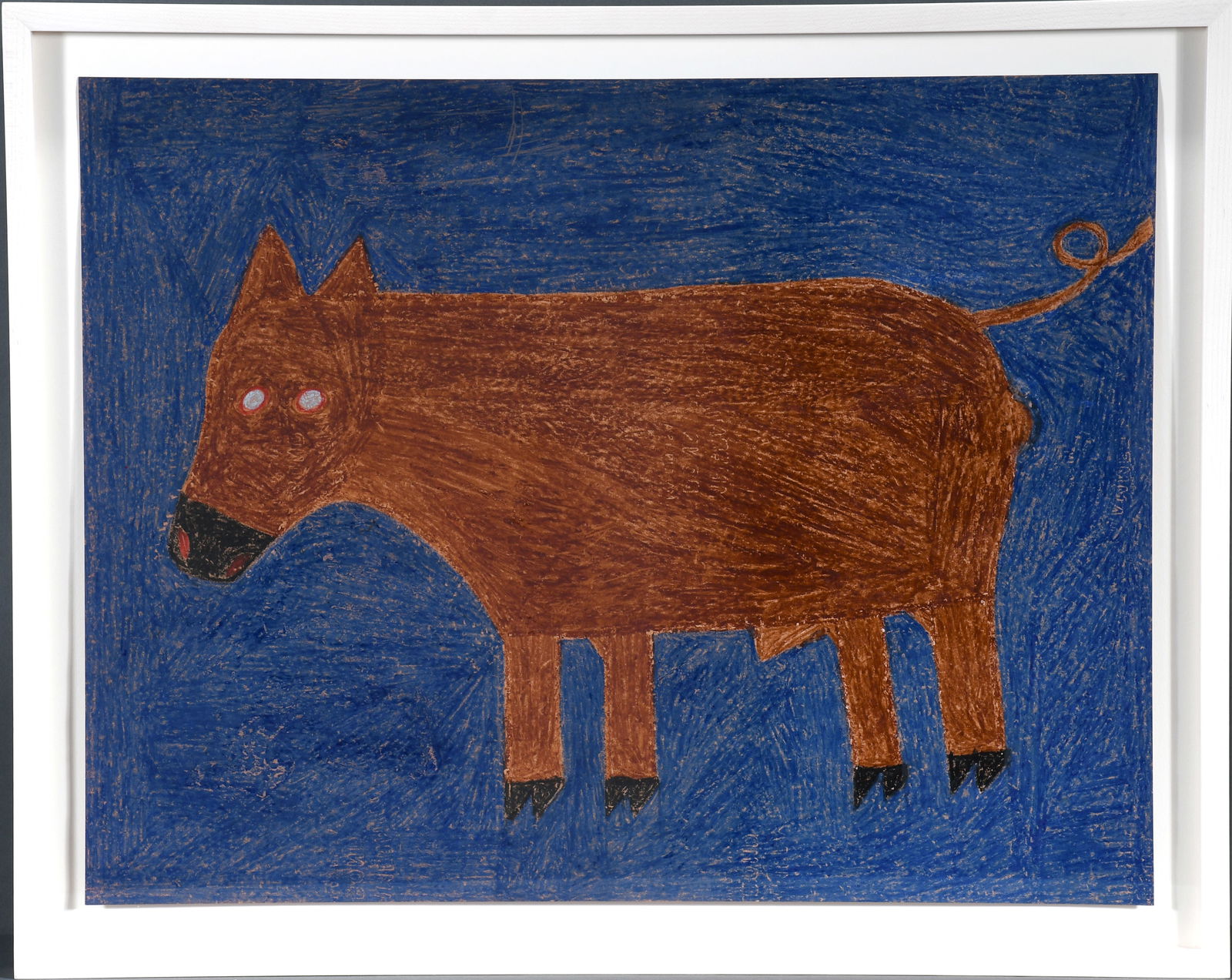 Eddie Arning. Pig.: Eddie Arning. Pig. c. 1968-70. Signature not visible. Cray-pas on paper. Excellent condition. Size with frame 25" w x 20" h. Est. $800-1,200. Ship: $65