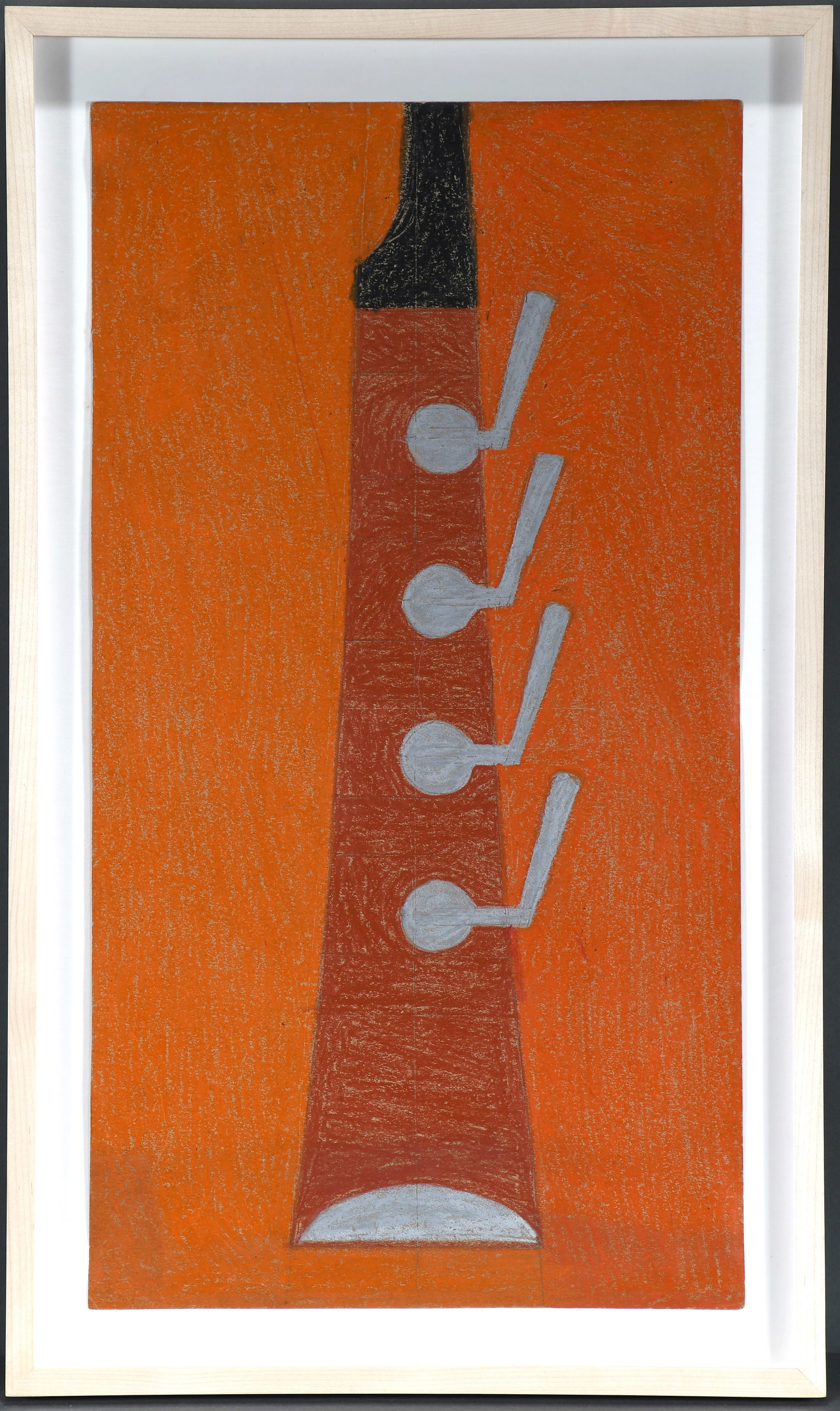 Eddie Arning. Clarinet.: Eddie Arning. Clarinet. c. 1968-70. Signature not visible. Crayon and cray-pas on paper. Minor tear in edges otherwise great condition. Size with frame is 16" w x 27.5" h. Est. $800-1,200. Ship: $65