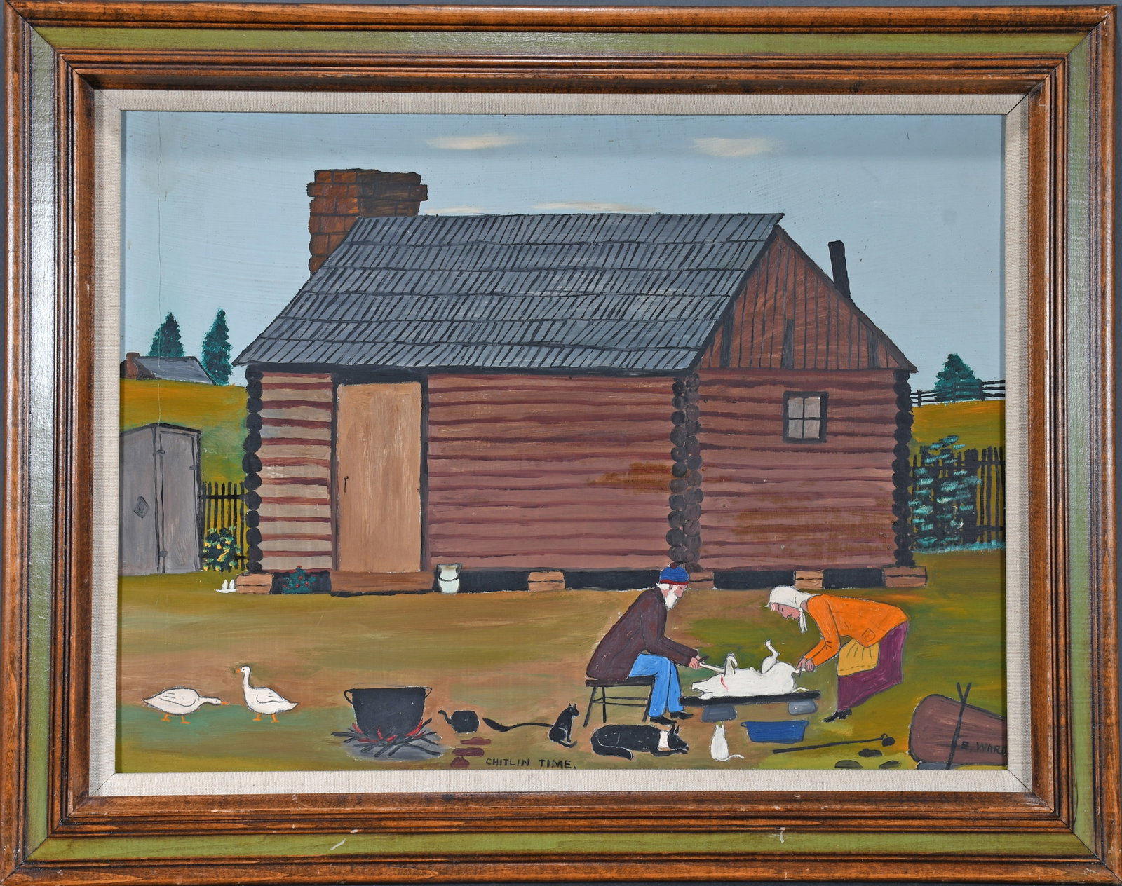 Essie Ward. Chitlin Time.: Essie Ward. Chitlin Time. Signed and titled. Oil on artist panel. Long crack line in found panel left side, otherwise good to fair condition. Size with frame is 28" w x 22" h. Est. $300-500. Ship: $85
