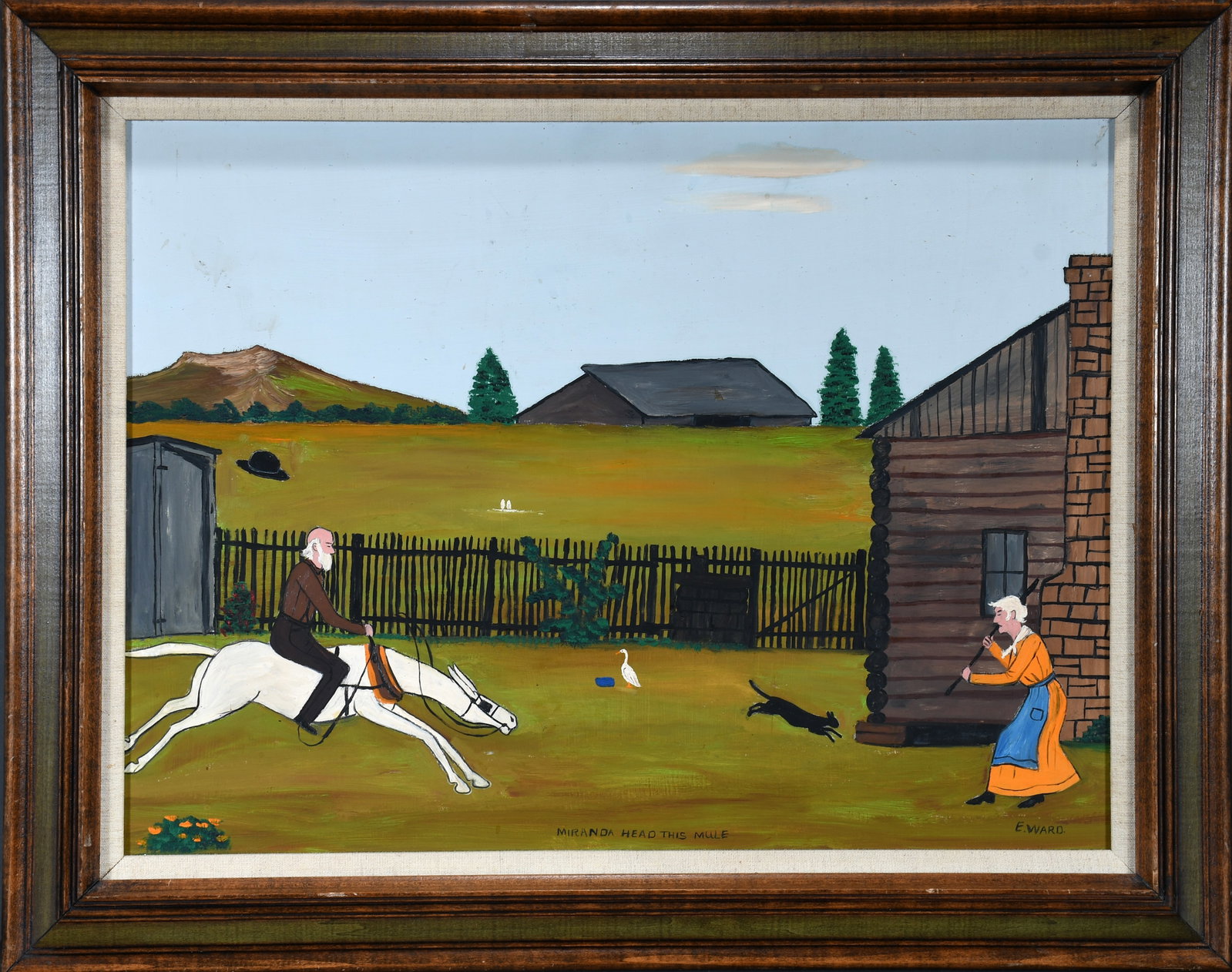 Essie Ward. Miranda Head This Mule.: Essie Ward. Miranda Head This Mule. Signed and titled. Oil on artist panel. Minor surface grime, otherwise good condition. Size with frame is 28" w x 22" h. Est. $300-500. Ship: $85