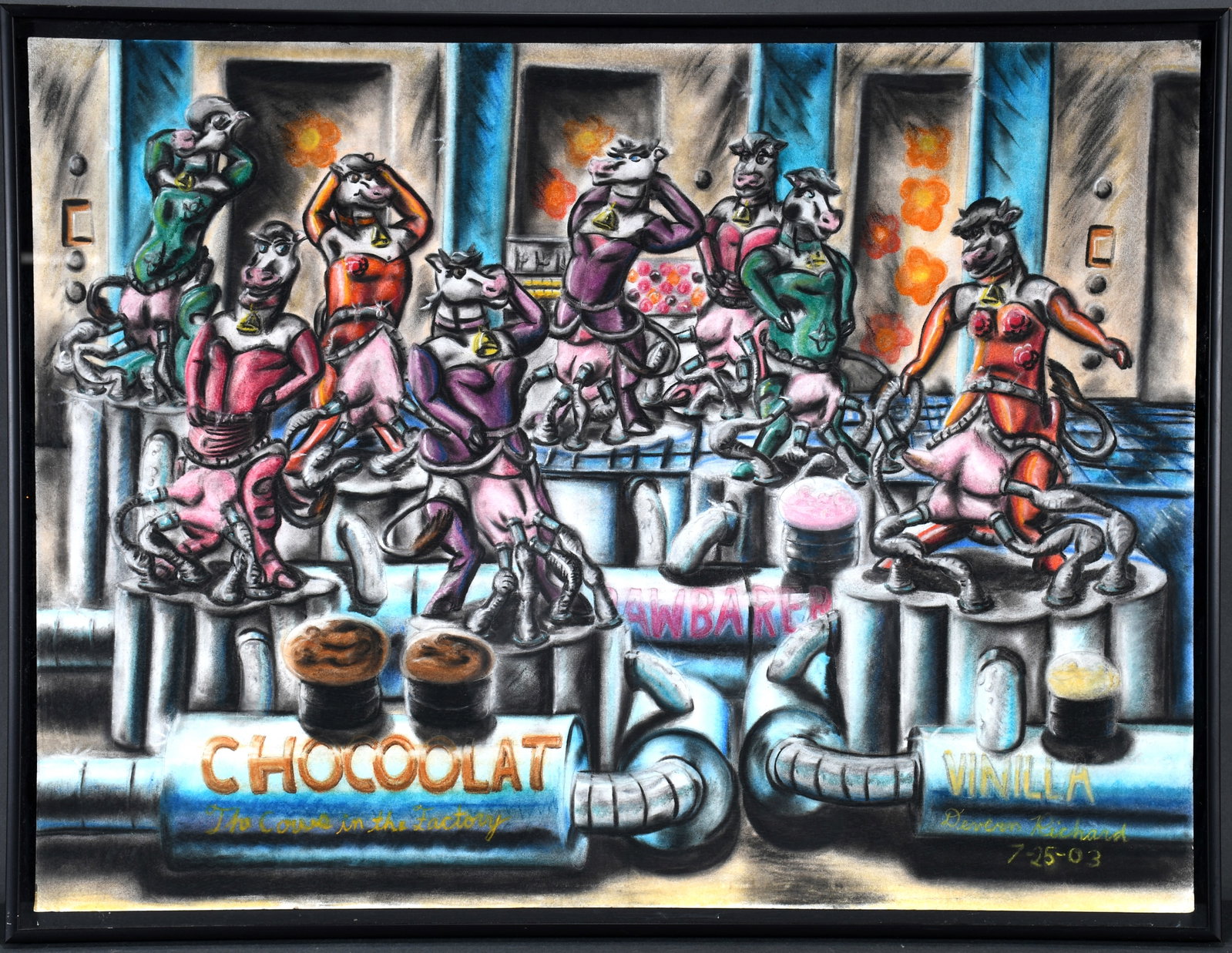 Devern Richard. The Cows In The Factory.: Devern Richard. The Cows In The Factory. 2003. Signed, dated and titled. Pastel on paper. Excellent condition. Size with frame 25" w x 19" h. Est. $200-300. Ship: $65