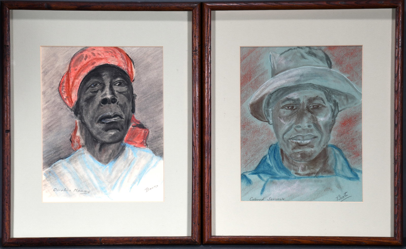 Boots. Carolina Mammy and Colored Seminole.: Boots. Carolina Mammy and Colored Seminole. Signed and titled. Oil pastel on paper. Excellent condition. Average image is 10.5" w x 13.5" h . Average size with frame is 17" w x 20" h. Est. $300-500. S