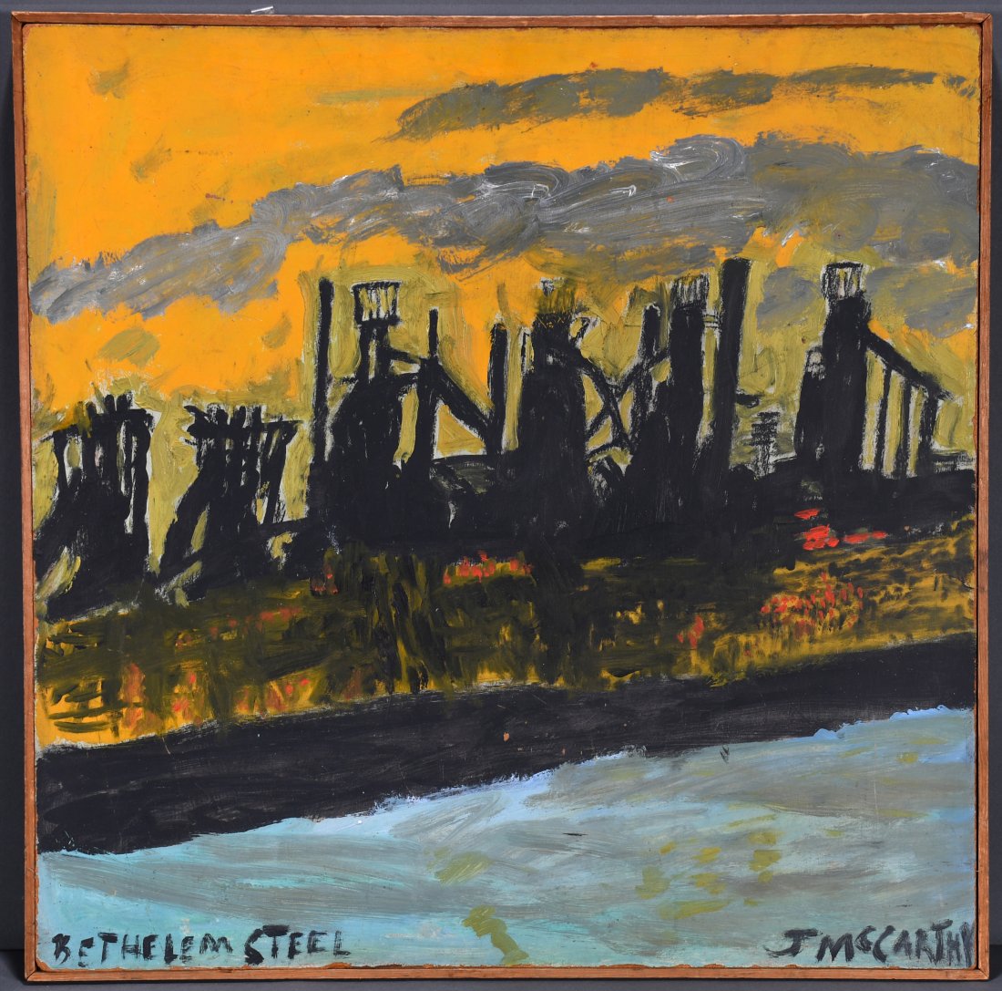 Justin McCarthy: BONUS LOT: Justin McCarthy. Bethelem Steel. Signed and titled. Paint on masonite. Excellent condition. Size with frame 24" w x 24" h. Est. $1,000-2,000. Ship: $55