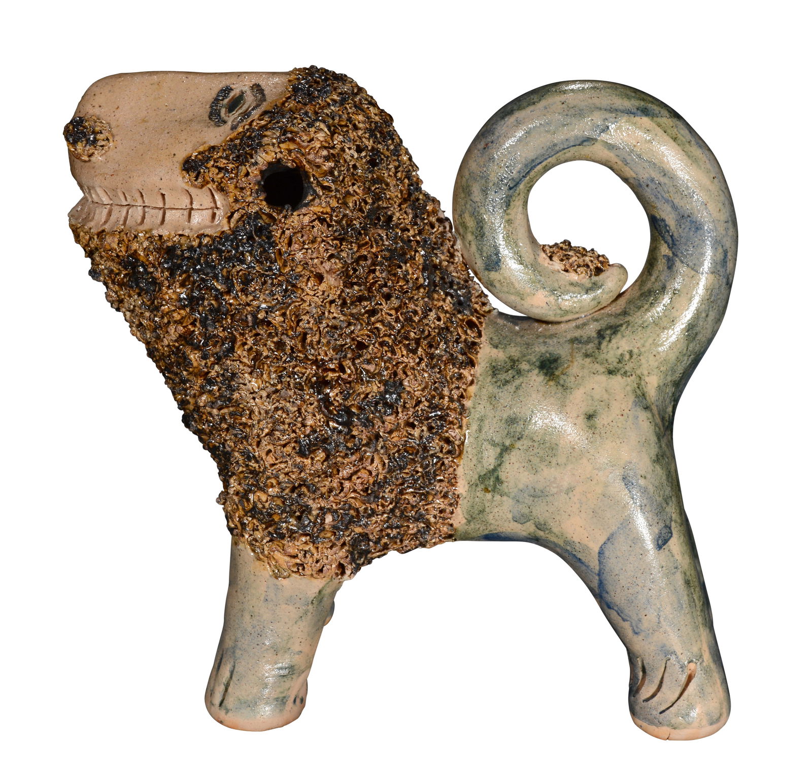 Billy Ray Hussey. Lion With Blue Green Sponge Glaze. (1 of 8)