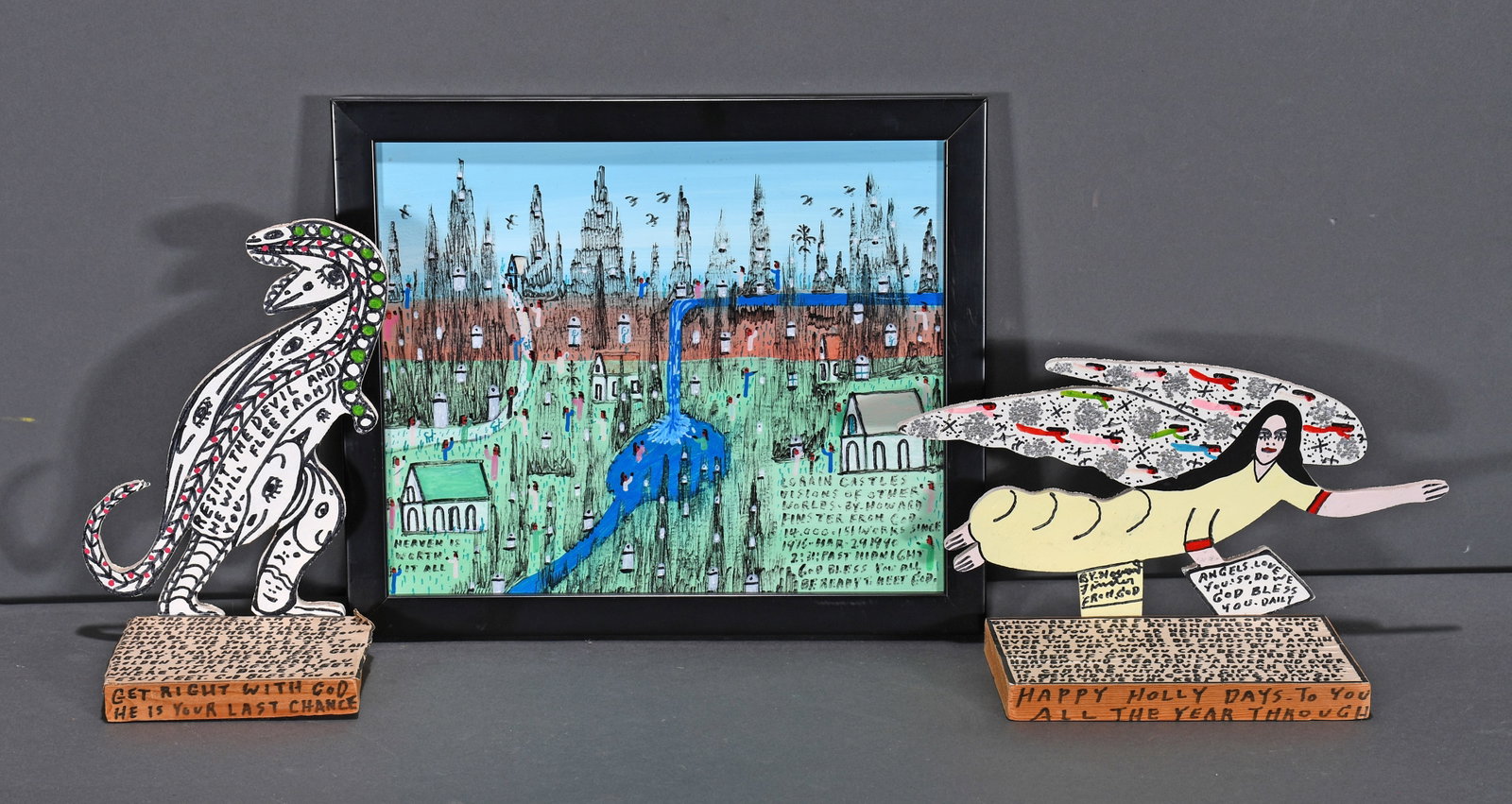 Howard Finster. Group of Three Works.: Howard Finster. Group of Three Works. c. 1990's. All are signed and dated. Paint and marker on board. Cutouts are in excellent condition. Slight fading. Board is 13" x 11". Est. $800-1,200. Ship: $55