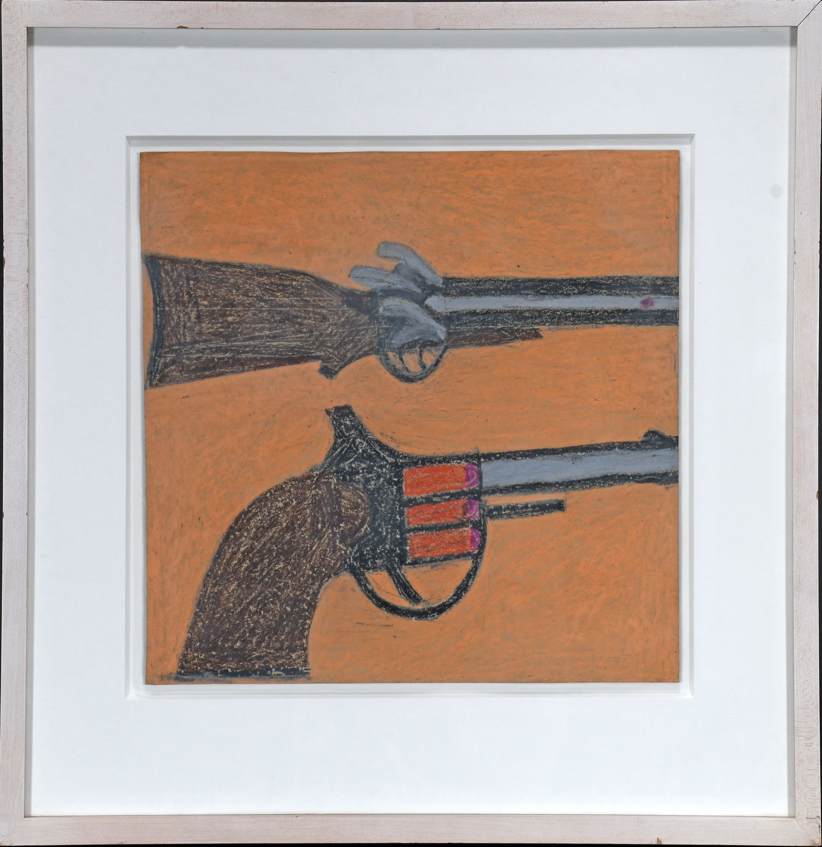 Eddie Arning. Pistol and Rifle.: Eddie Arning. Pistol and Rifle. Not signed. #97. Numbered on verso. Craypas on cardstock. Excellent condition. Image is 13.5" w x 12.5" h. Frame is 21" w x 20" h. Provenance: Ricco Maresca Gallery. Es